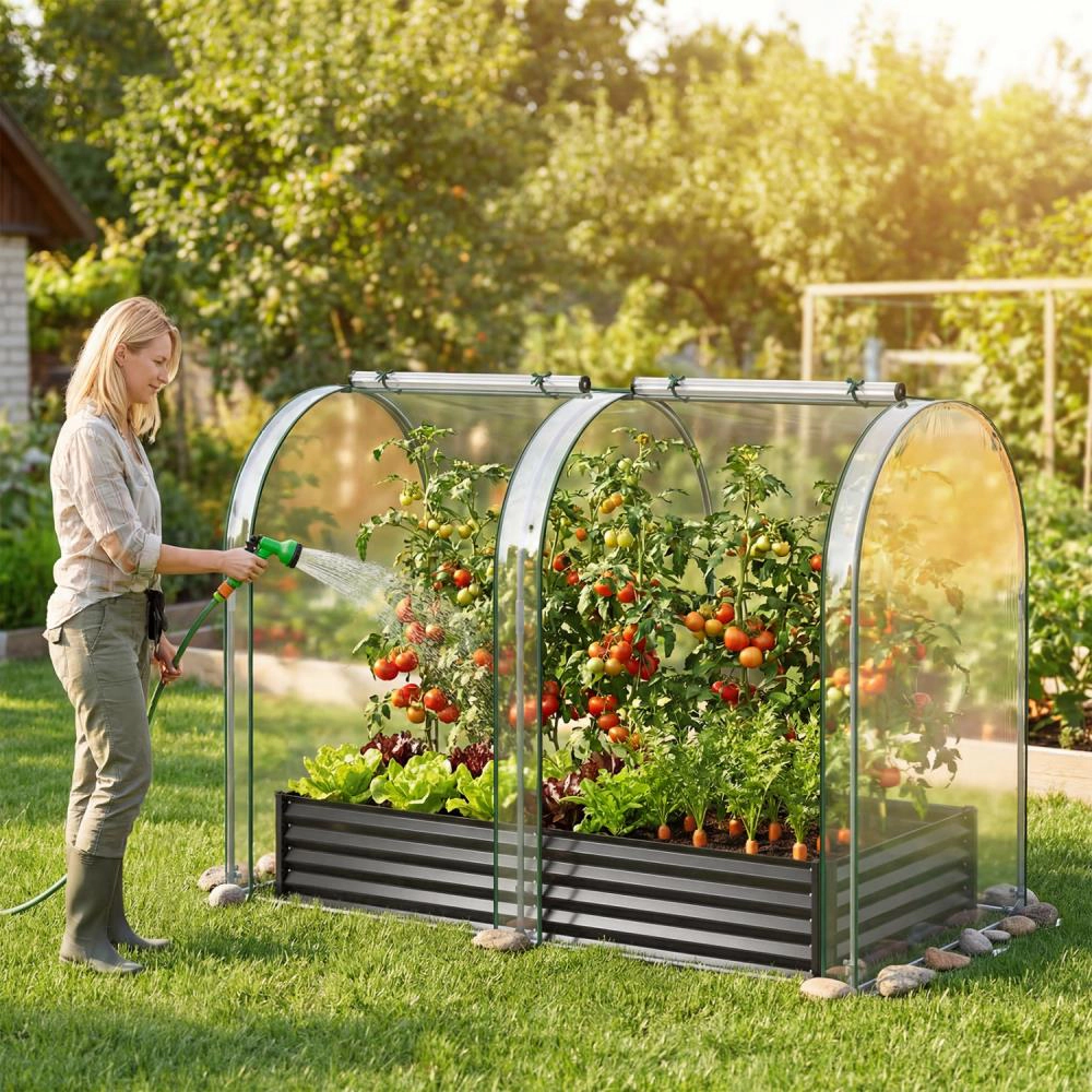 Hivvago Galvanized Raised Garden Bed with Greenhouse Cover