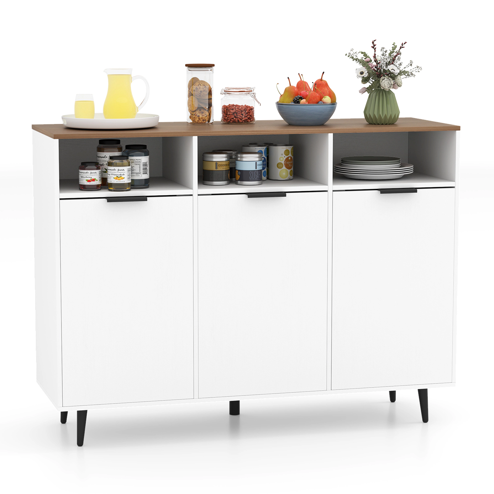 Glintex 47-Inch Sideboard with 3 Cabinets and 3 Open Compartments, White + Natural + Black
