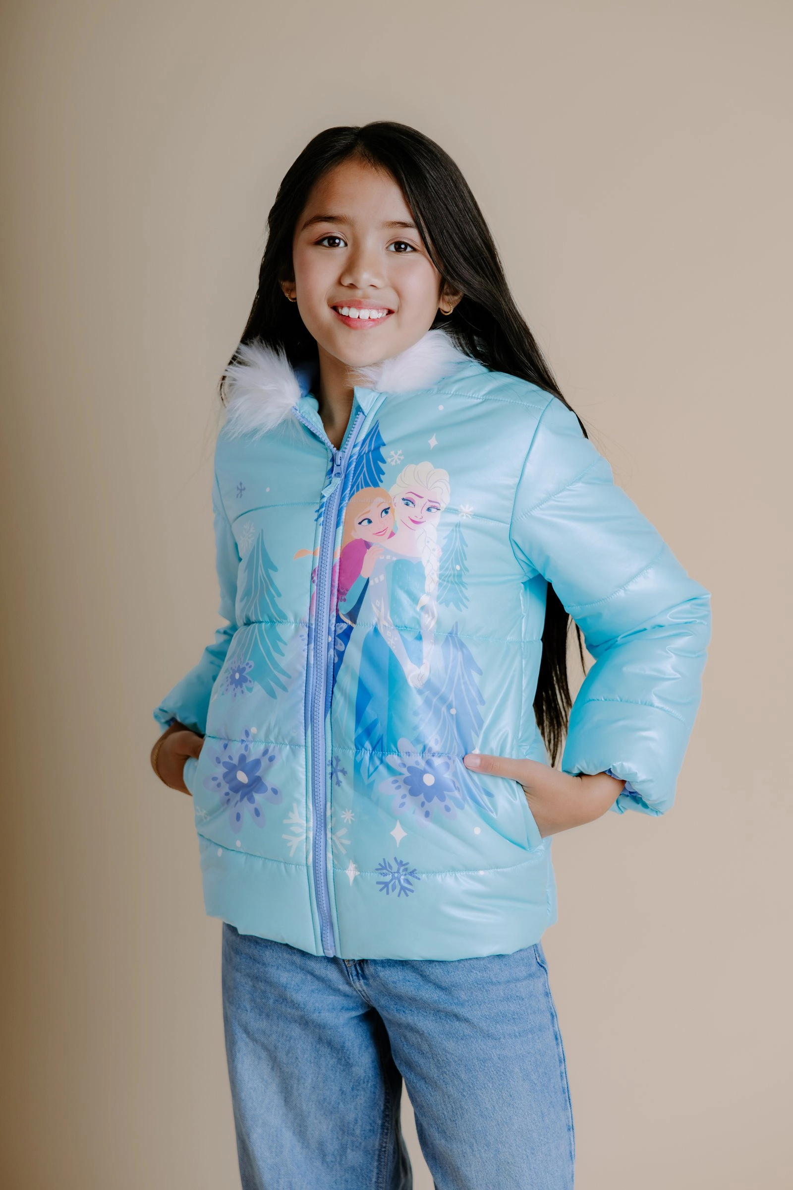 Disney Girls' Faux Fur Hooded Puffer Coat