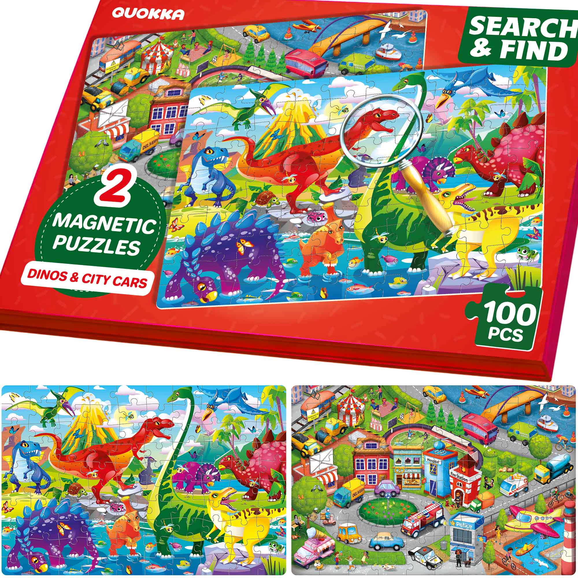 QUOKKA Magnetic Puzzle Book for Kids Ages 3–5, 100-Piece Travel Puzzle Set with Ocean, Space & Dinosaur Themes