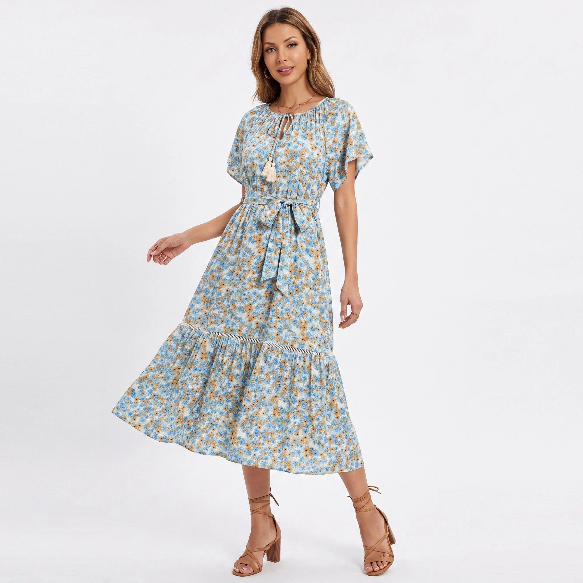Anna-Kaci Women's Floral Print Tie Neck Short Flutter Sleeves Belted Waist Tiered Hem Midi Dress