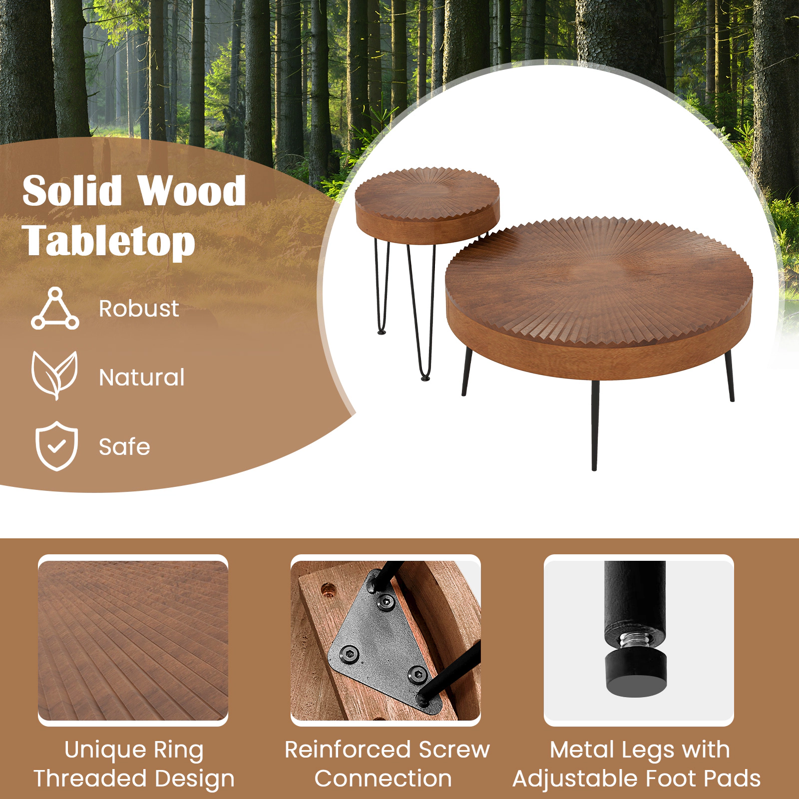 Hivvago Set of 2 Boho Round Coffee Table with Solid Pine Wood Top and Metal Legs