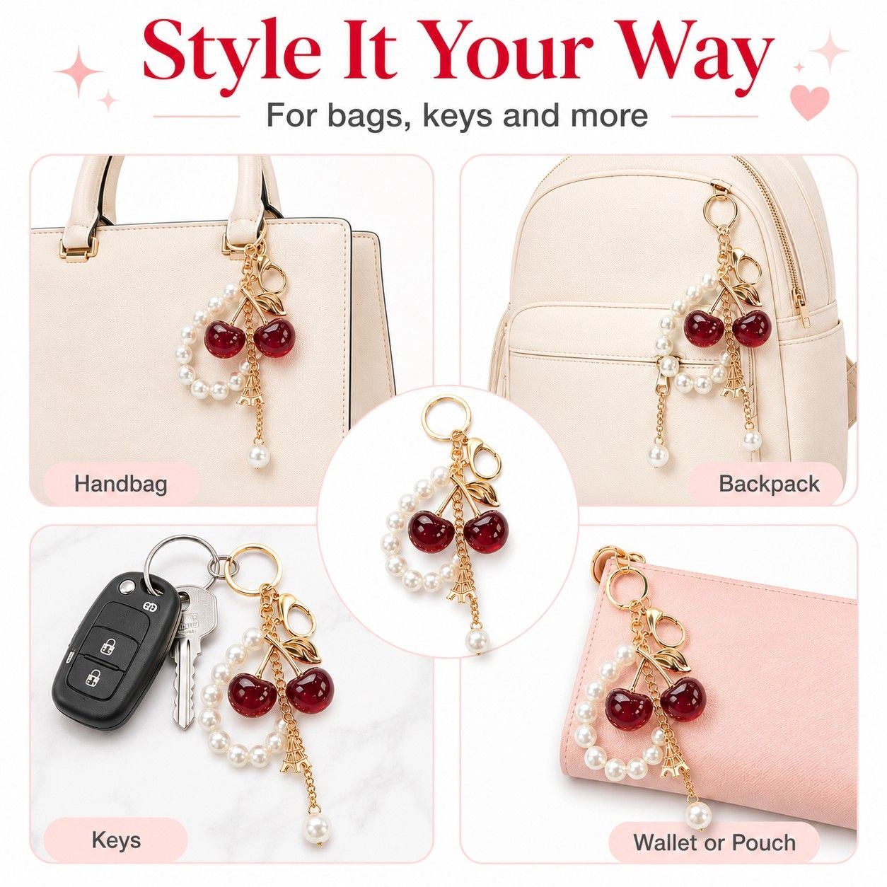 Alilang Women's Cherry Bag Charm Keychain with Faux Pearl Loop and Gold-Tone Clips, Burgundy