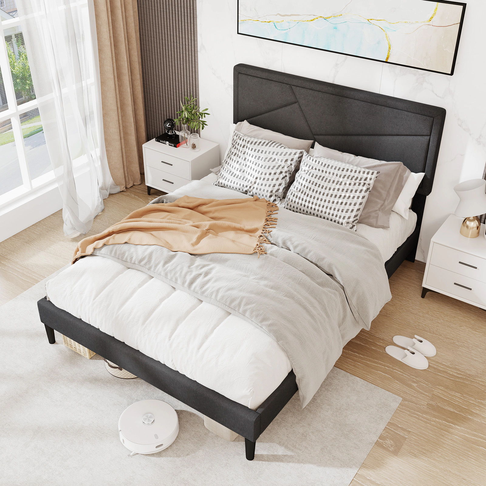 SUGIFT Gray High Headboard and 12 Slats Full Size Upholstered Platform Bed Frame