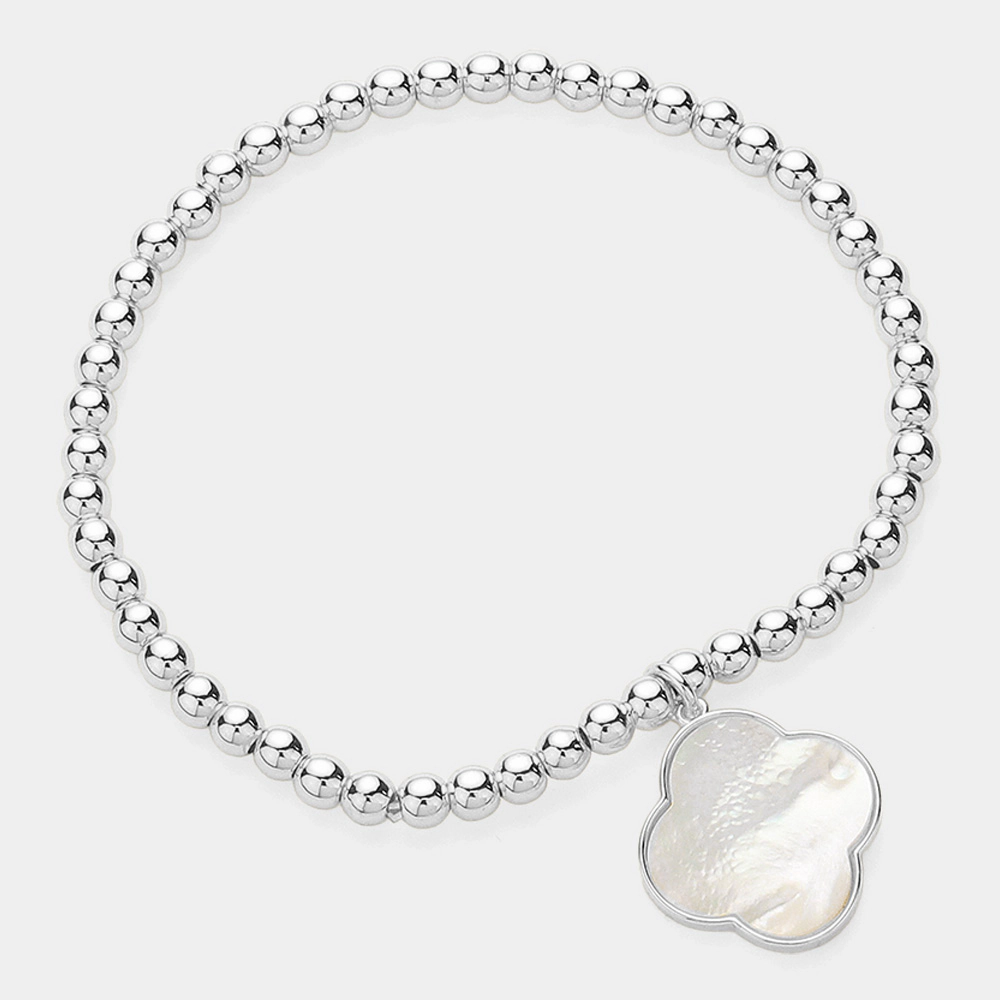 FASHNZFAB Mother Of Pearl Quatrefoil Charm Pointed Stainless Steel Ball Beaded Stretch Bracelet