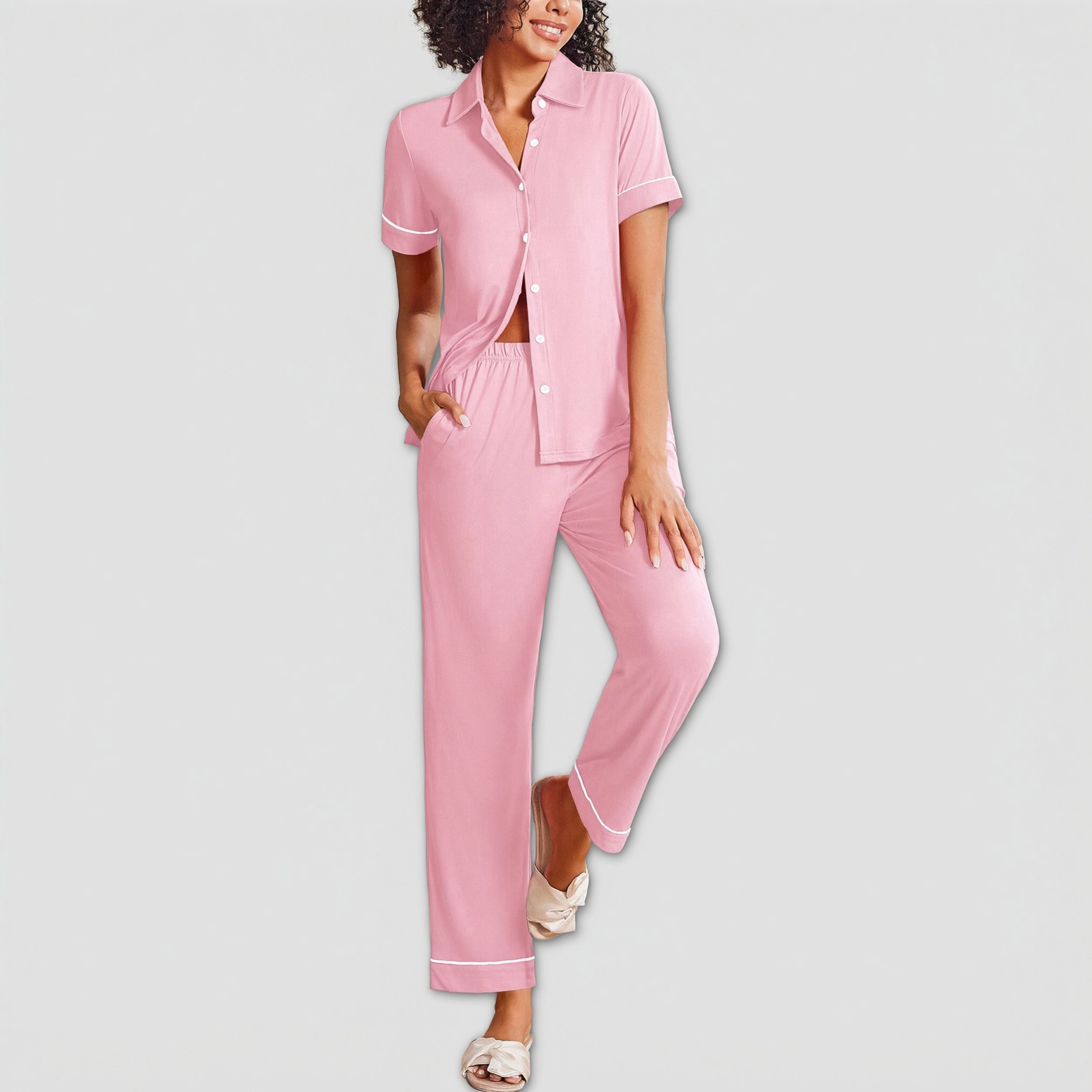 Ekouaer Stripe Pajamas Set for Women Button Down Short Sleeve Pjs Soft Lounge