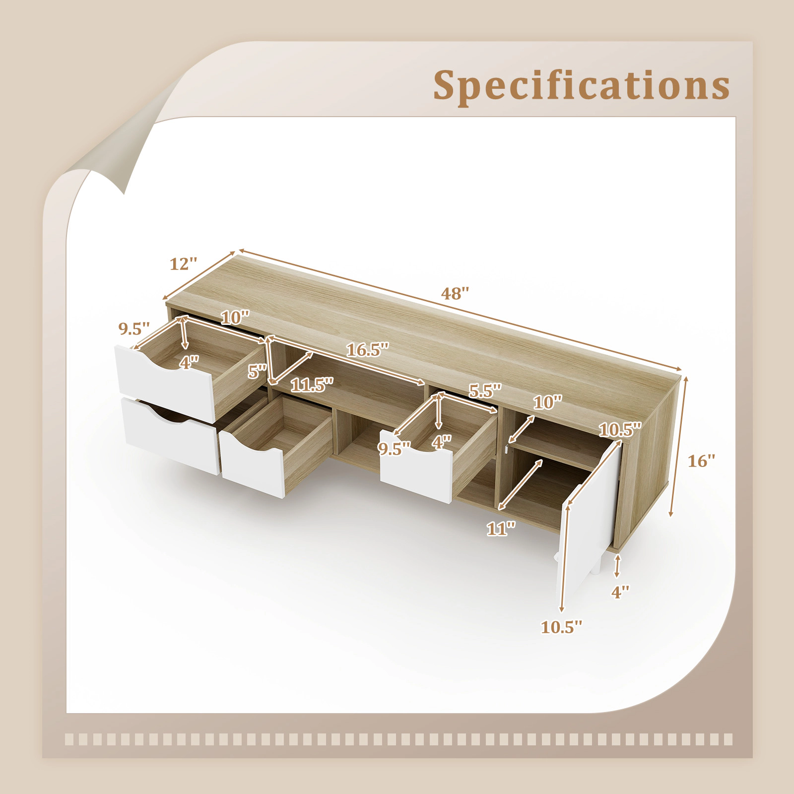 SUGIFT Oak TV Stand for TVs Up to 55 in, Media Console with 4 Drawers and 2 Open Shelves