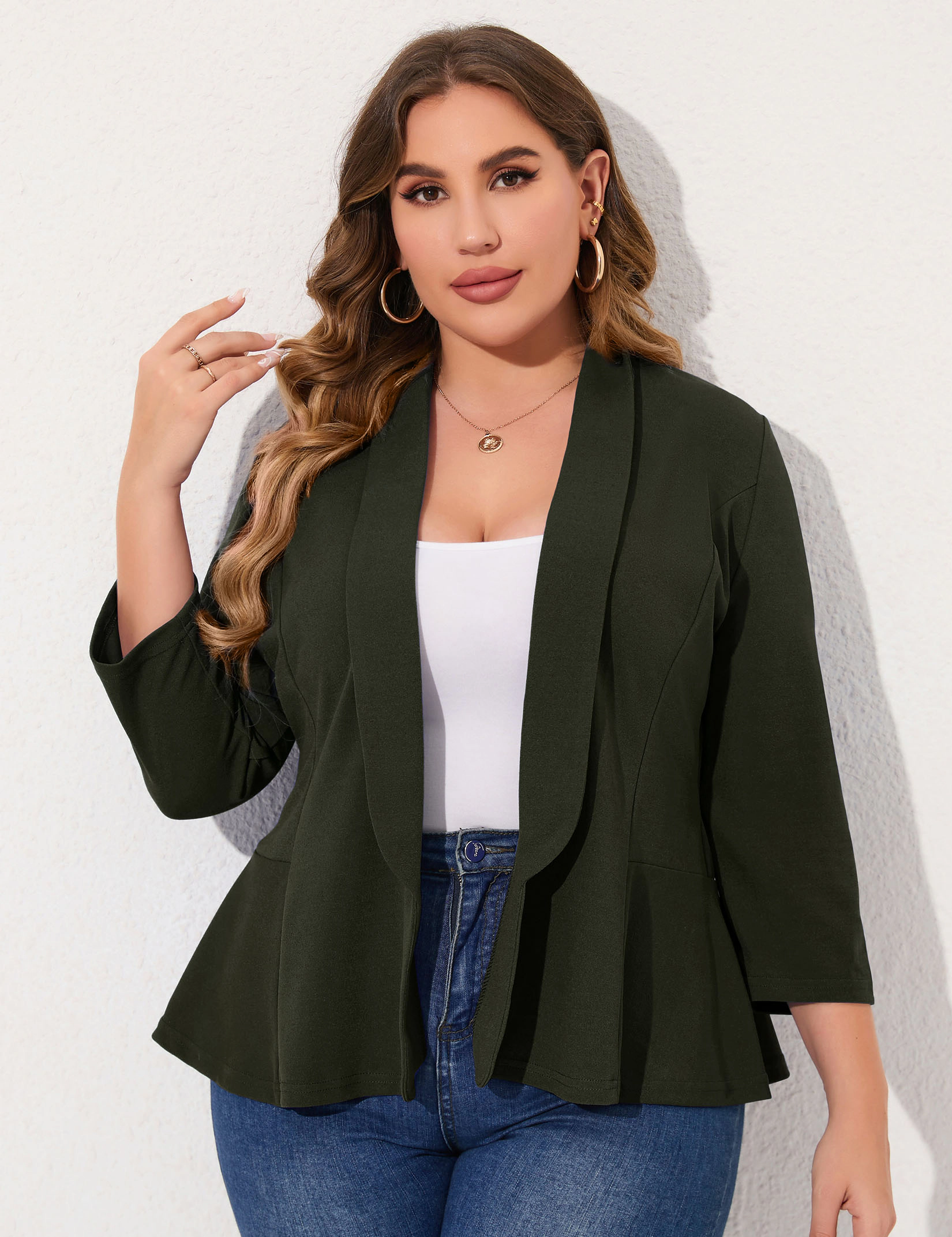 KOJOOIN Womens Blazer Plus Peplum, 3/4 Sleeve Lapel Open Front Lightweight Casual Work Jacket