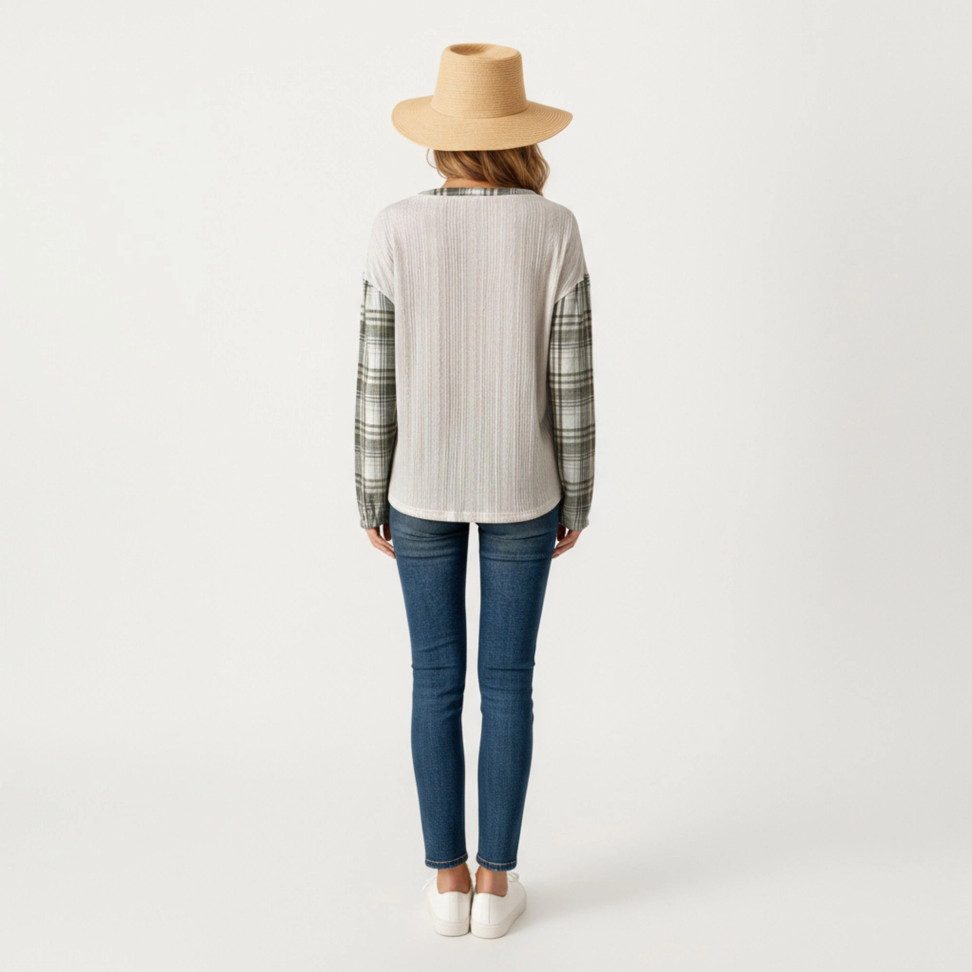 Anna-Kaci Women's Plaid Long Sleeve Henley Top with Textured Knit Front Button Detail