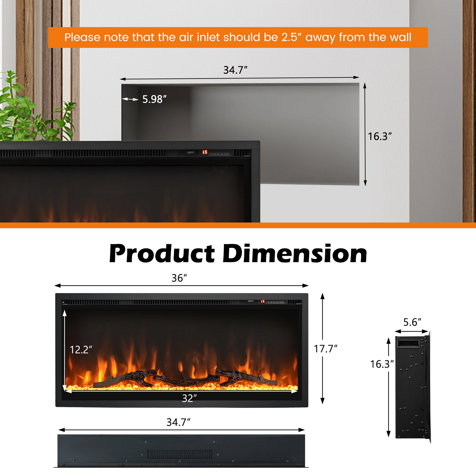 LJG Electric Fireplace in-Wall Recessed with Remote Control and Adjustable Color and Brightness