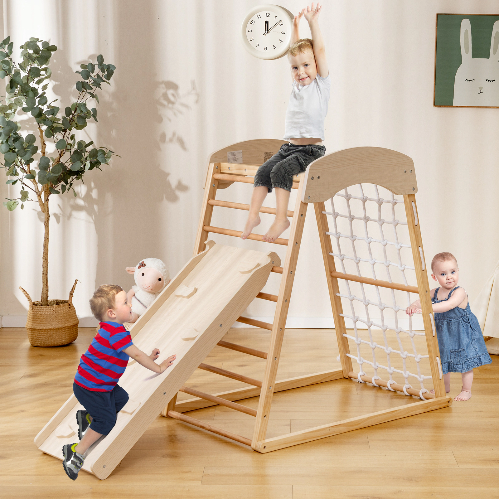 6-in-1 Wooden Jungle Gym Indoor Playground Tool-Free Adjustable Ramp Monkey Bars Floor Anchors 130-lb Ages 1+ Natural