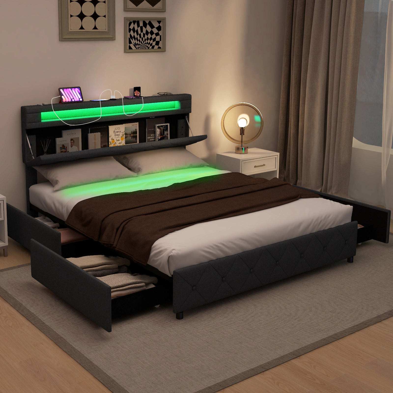 LJG Full/Queen Size Bed Frame with Adjustable Storage Headboard and Wooden Slat Support