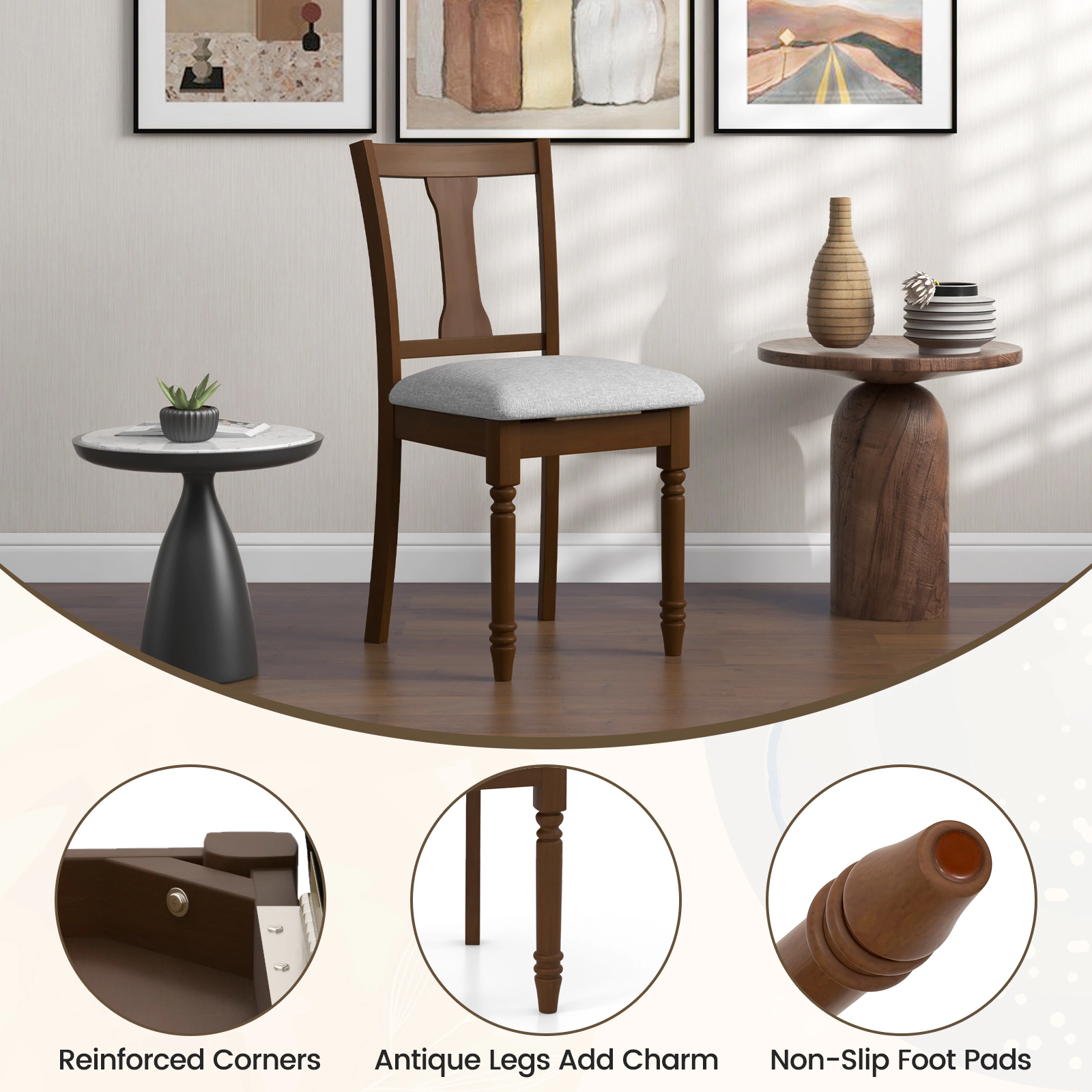 SUGIFT Set of 2 Linen Fabric Kitchen Dining Chairs with Flip-Up Storage 350-lb Capacity Brown