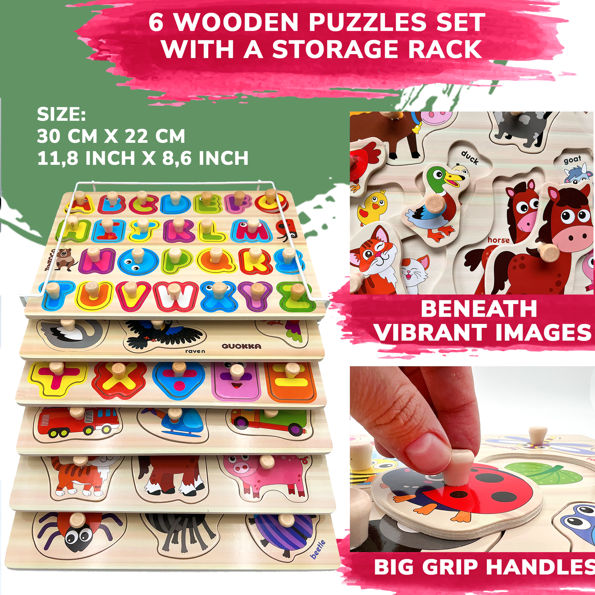 QUOKKA Wooden Puzzle Set for Toddlers Ages 1–4, Alphabet, Numbers & Animal Puzzles, 6–8 Pack