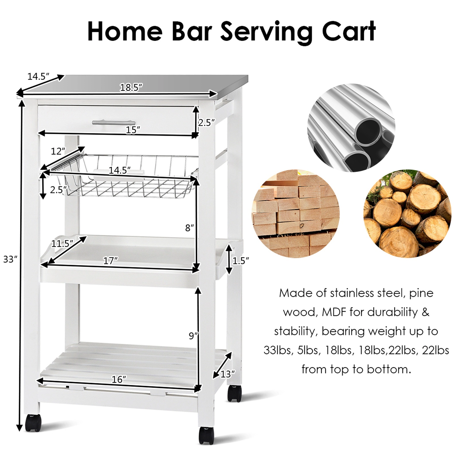 SUGIFT White Kitchen Cart on Wheels with Stainless Steel Top Rolling Serving Trolley Drawer and Basket