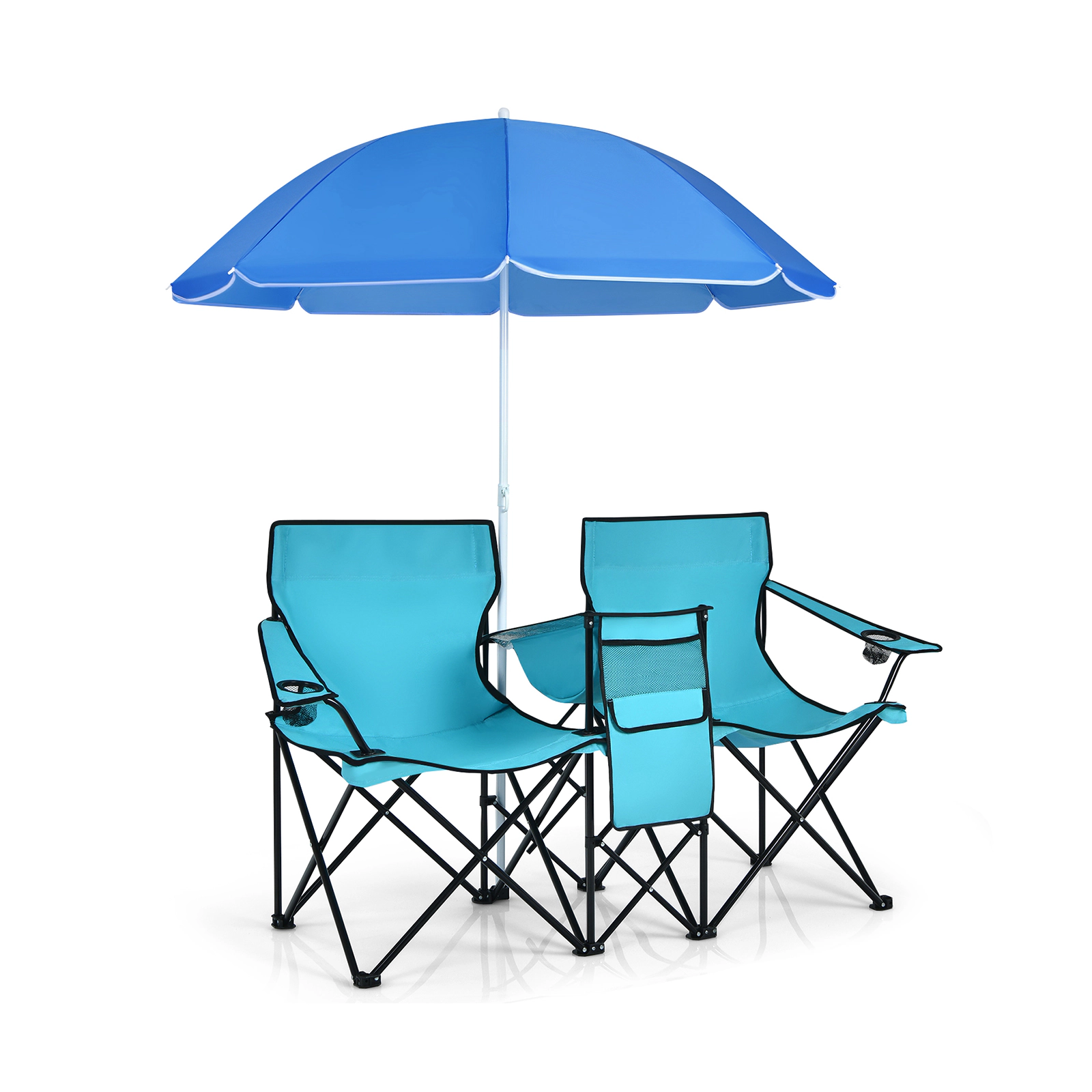 SUGIFT Folding Picnic Double Chair with Umbrella and Cooler Bag 270-lb Capacity Per Seat 600-lb Total Black Blue Gray