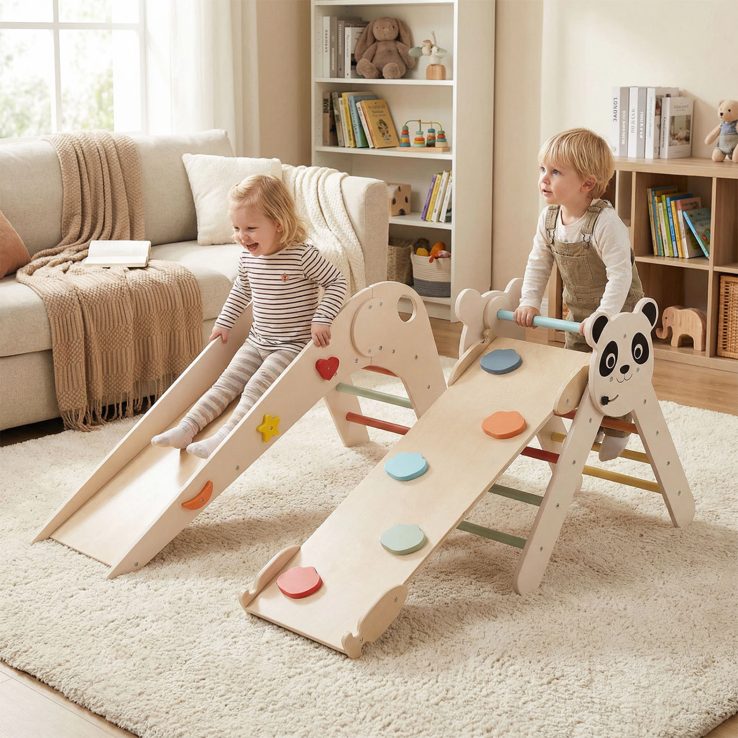 LJG Triangle Set Foldable Kids Climbing Toys Panda-Themed Wood Montessori