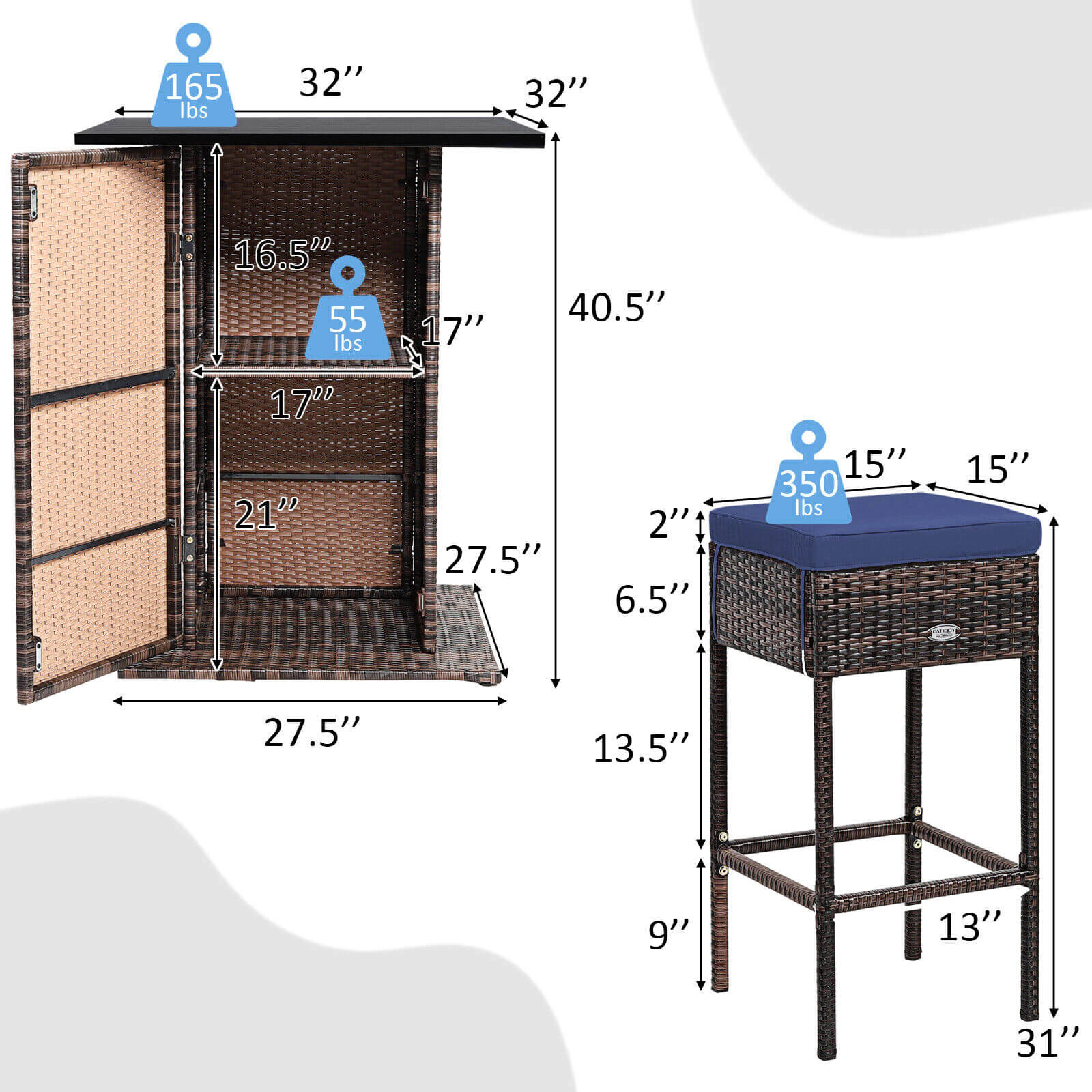 LJG 5 Pieces Patio Rattan Bar Table Stool Set Hidden Storage Shelf Cushioned
