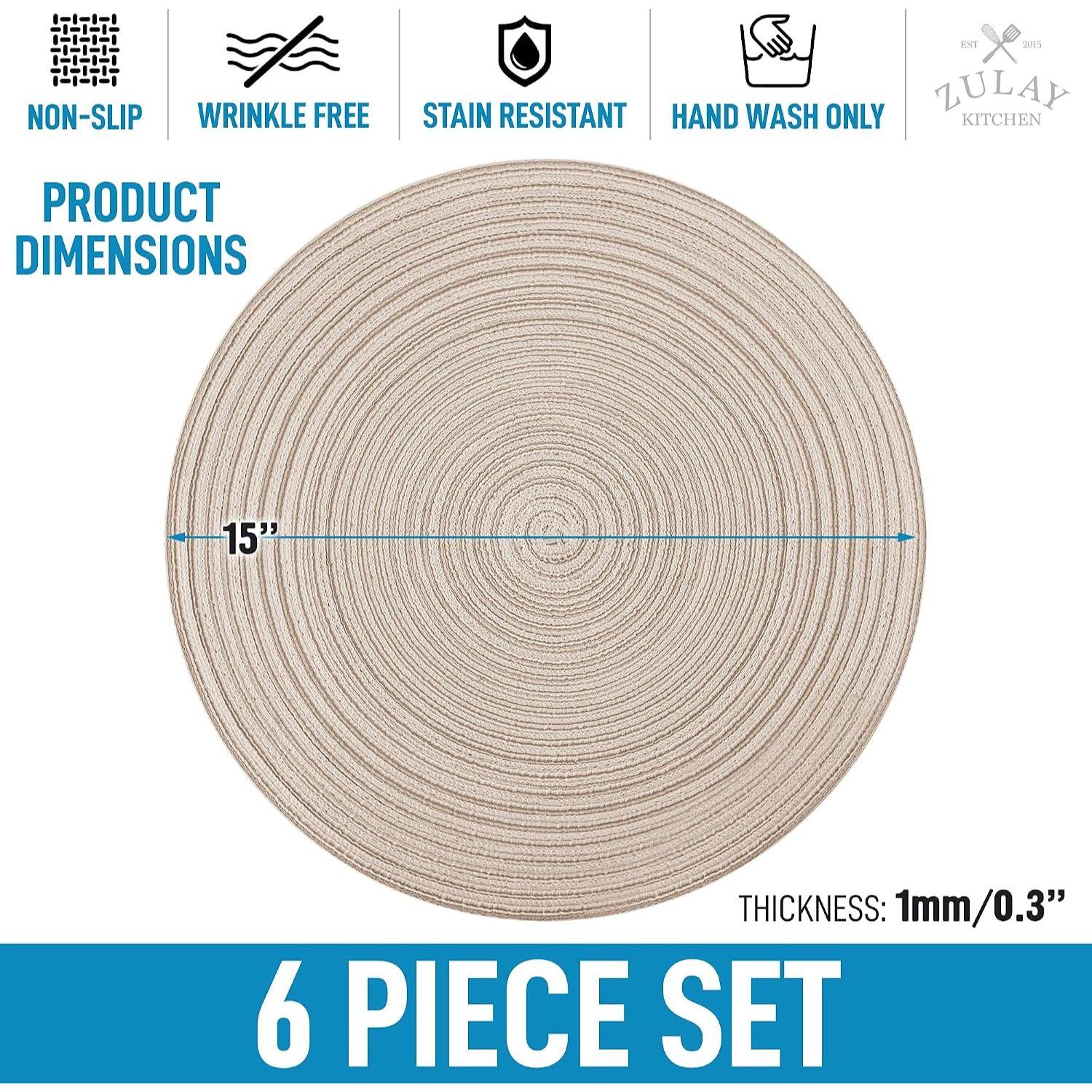 Zulay Kitchen 15 Inch Round Placemats for Dining Table Set of 6 - Braided & Anti-Skid Placemat