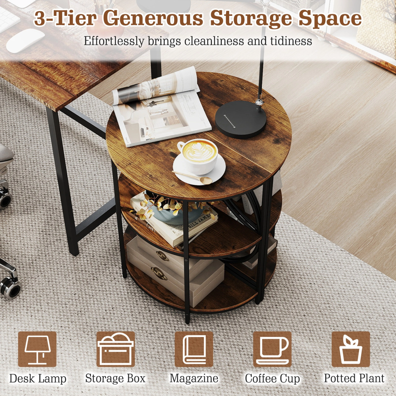 SUGIFT Set of 2 26-Inch Narrow Half-Round Side Tables with 3-Tier Storage Shelves and Metal Frames