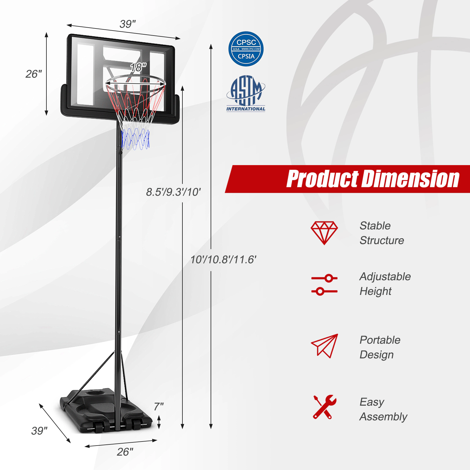 SUGIFT Black Portable Basketball Hoop with Shatterproof Backboard and 2 Nets 8.5-ft to 10-ft H 18-in Rim