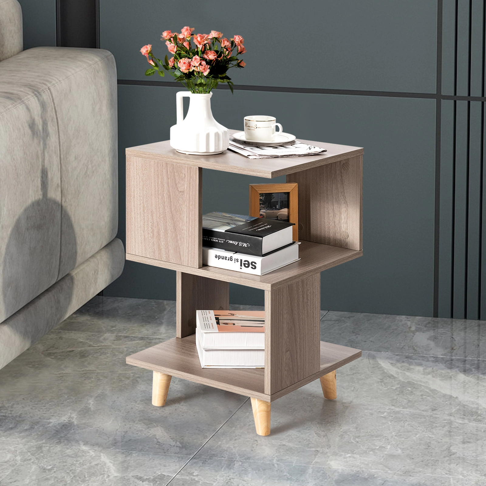 Glintex 2-Piece Asymmetrical Nightstand Set with Thickened Board and Support Legs, Gray