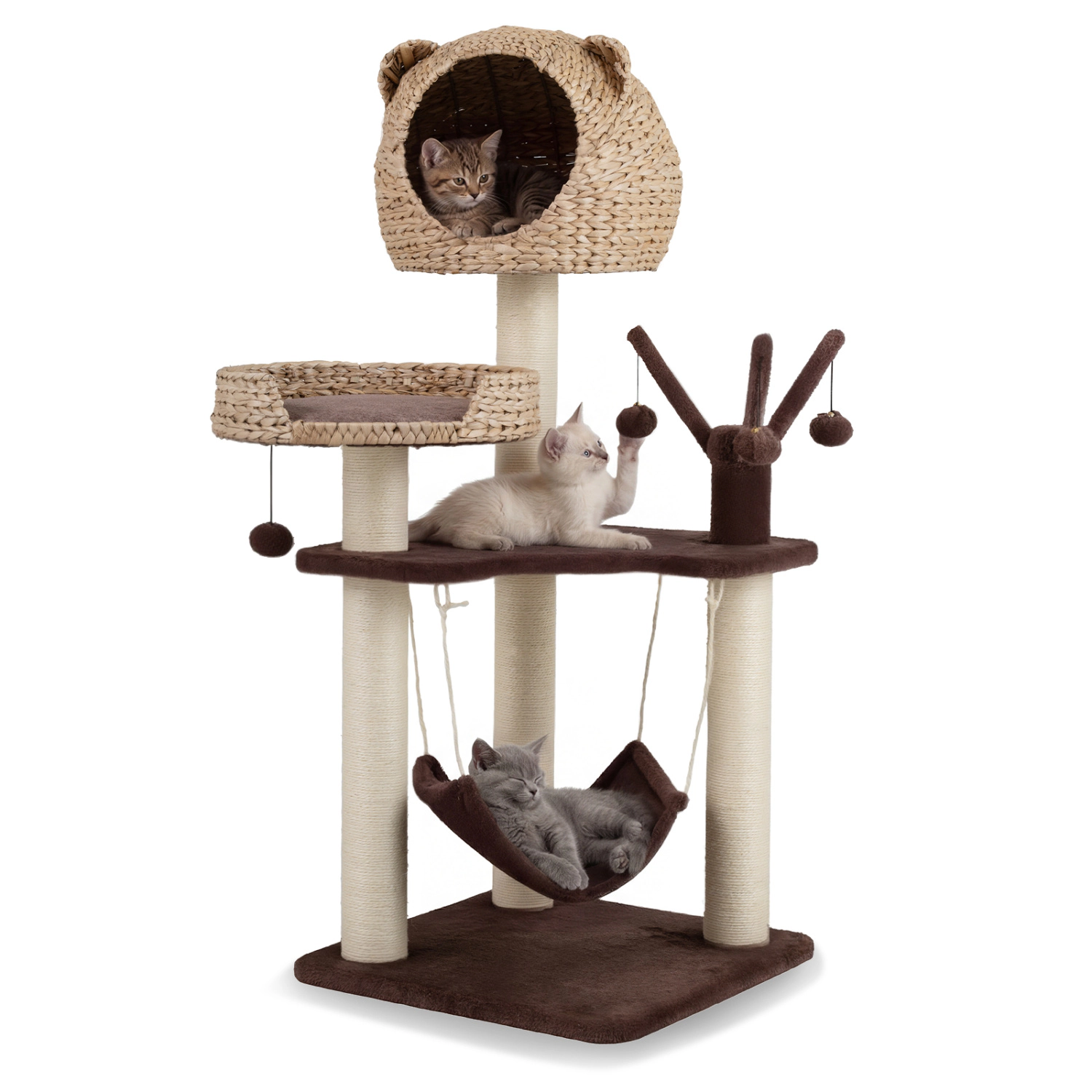 LJG Multi-Level Cat Tree with Condo Hammock and Rotatable Hanging Balls