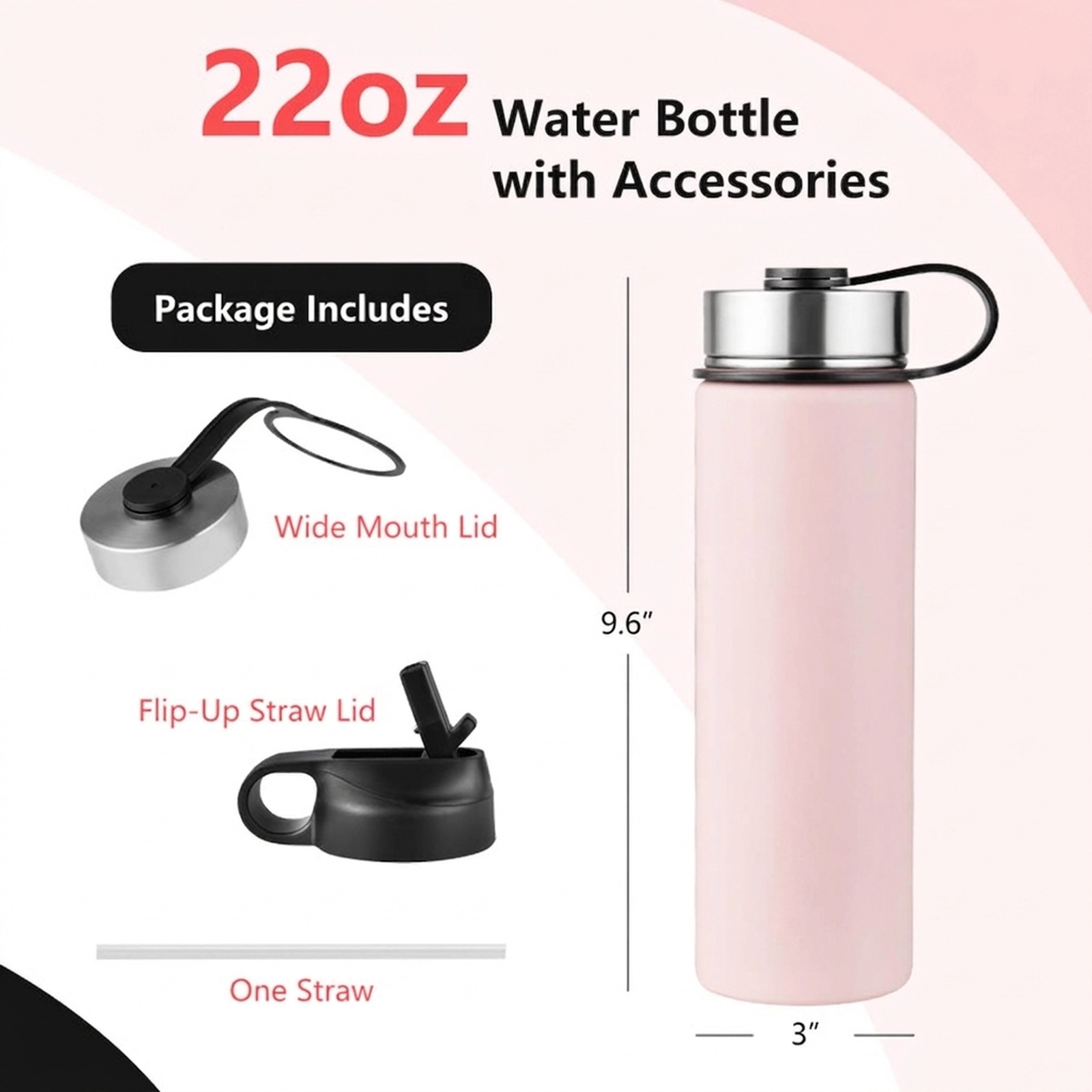 SUGIFT Pink 22-oz Double-Wall Vacuum Insulated Stainless Steel Water Bottle with 2 Lids and Straw
