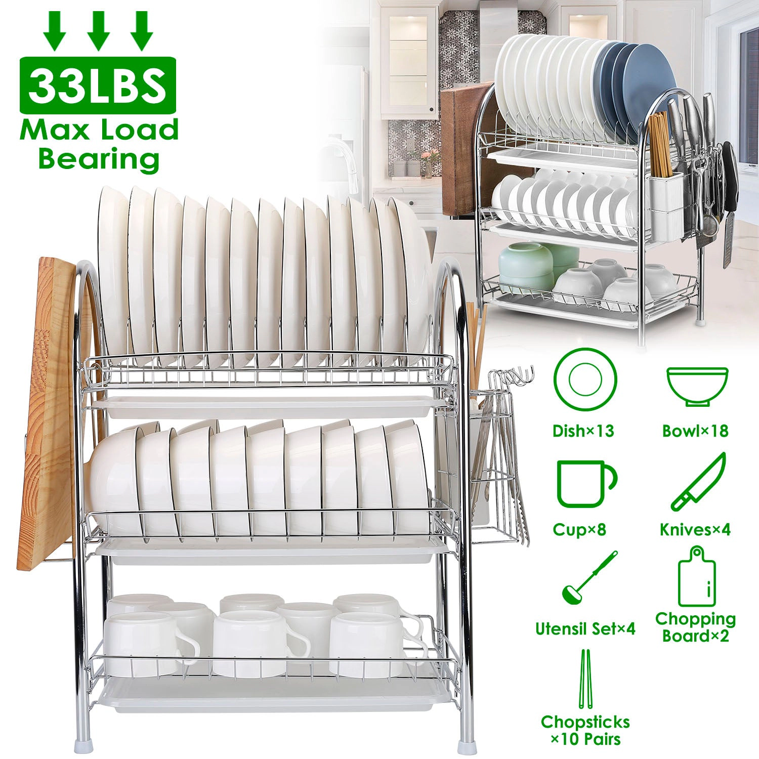 GBruno 3-Tier Dish Drying Rack With Drain Trays