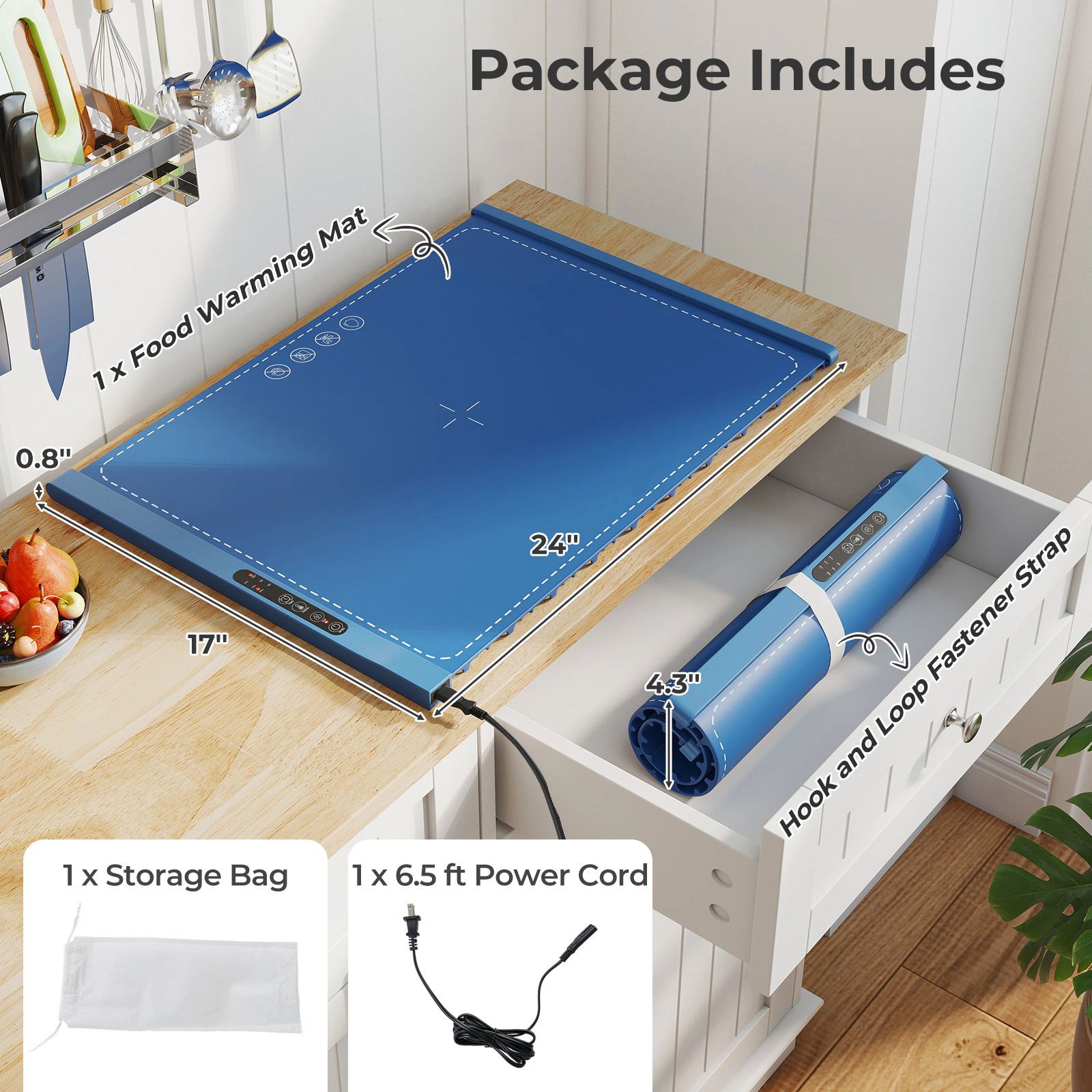 SUGIFT Rollable Silicone Electric Food Warming Mat Tray 10-Second Fast Heating 3 Temperature Levels 24 x 17-in Blue