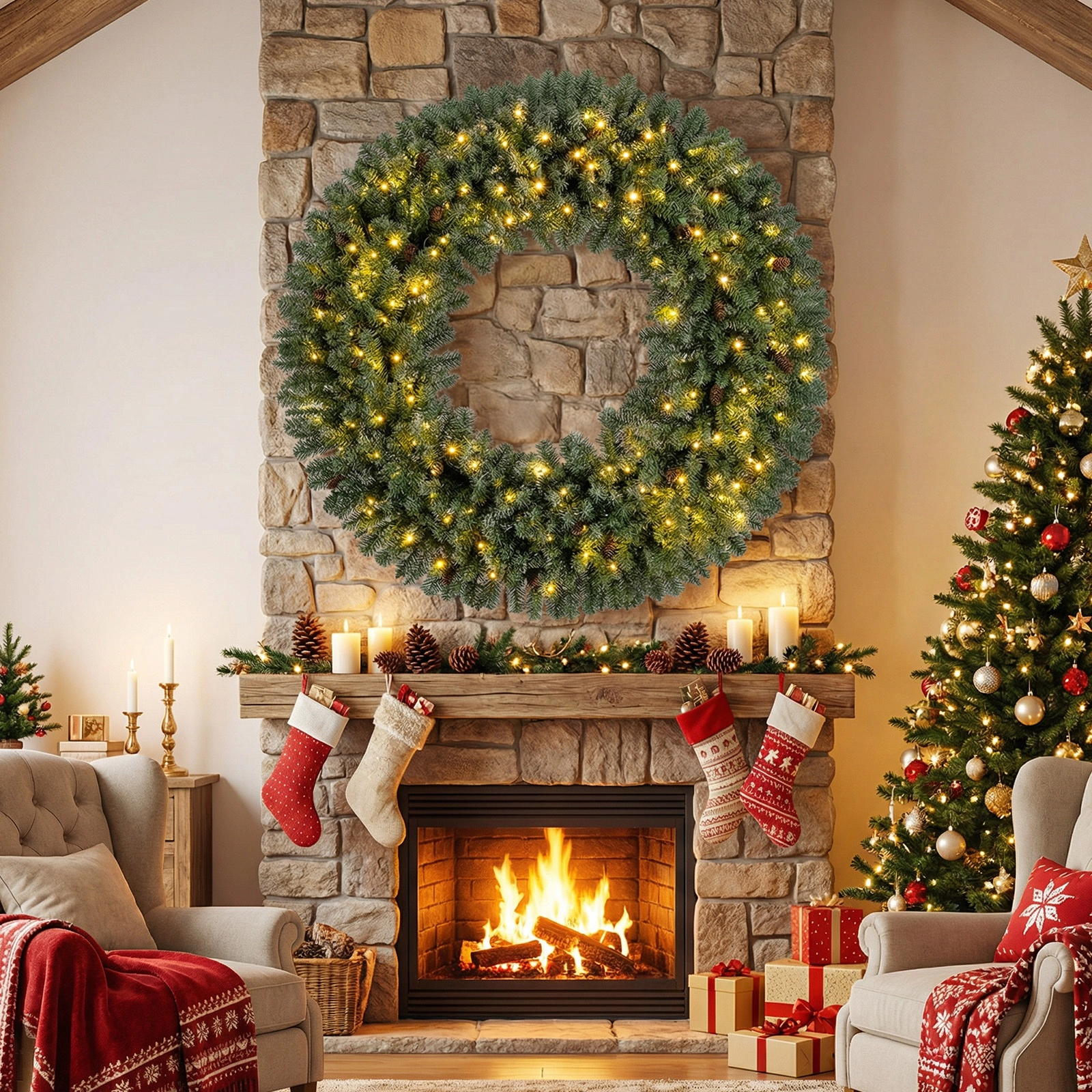 SUGIFT 60-in 200 Warm White LED Lights 680 Branch Tips Pre-Lit Christmas Wreath 24 Pine Cones 17-lb Green
