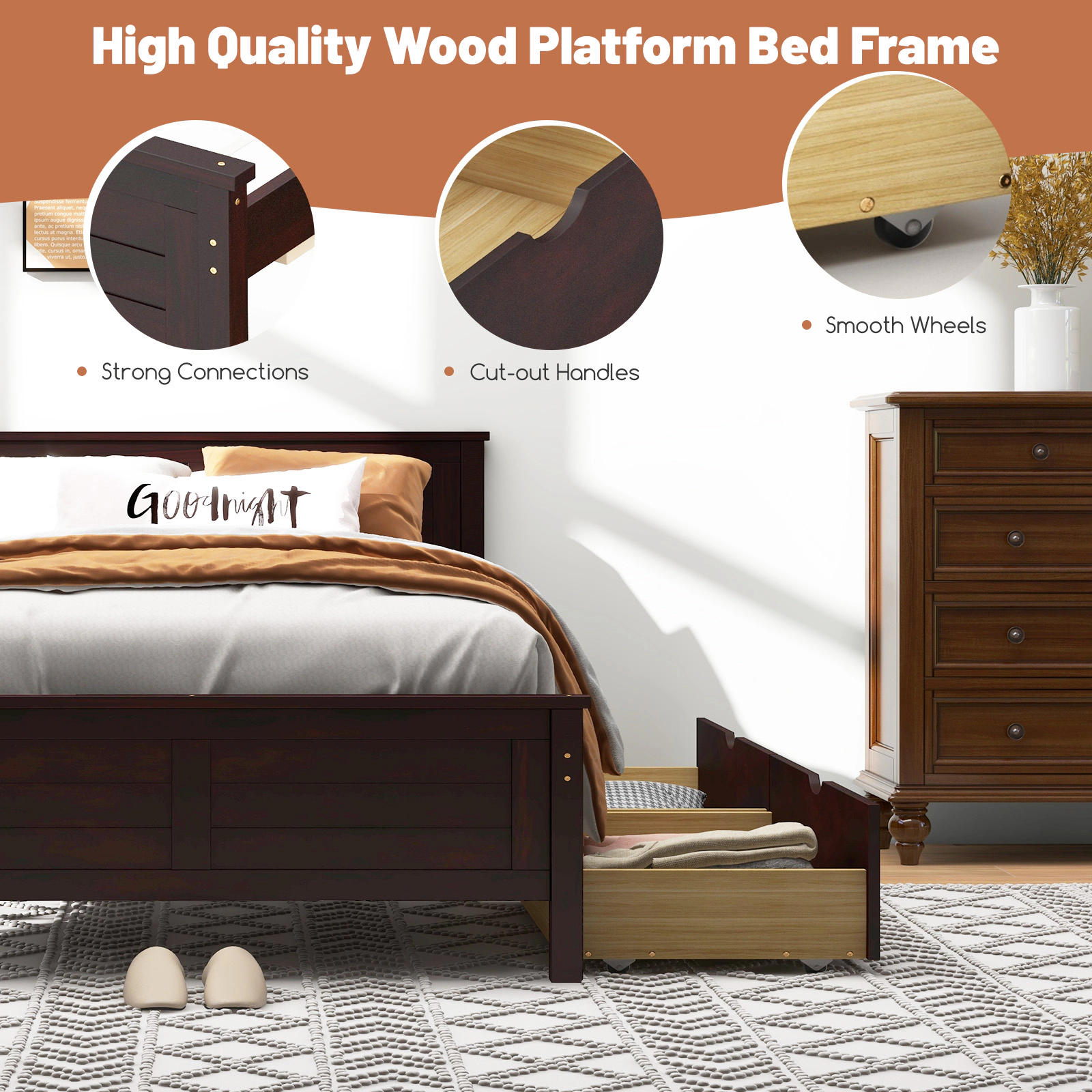 SUGIFT Twin Size Bed Frame with 2 Storage Drawers 350-lb Capacity 43-in Wide Pine Wood Frame Espresso