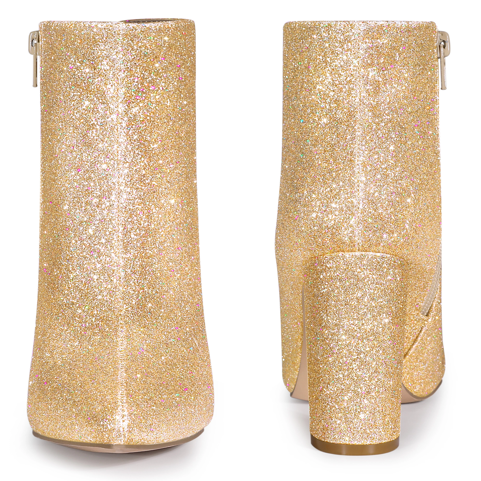 BLISSFUL STEP Women's Pointed Toe Chunky Heels Glitter Ankle Boots