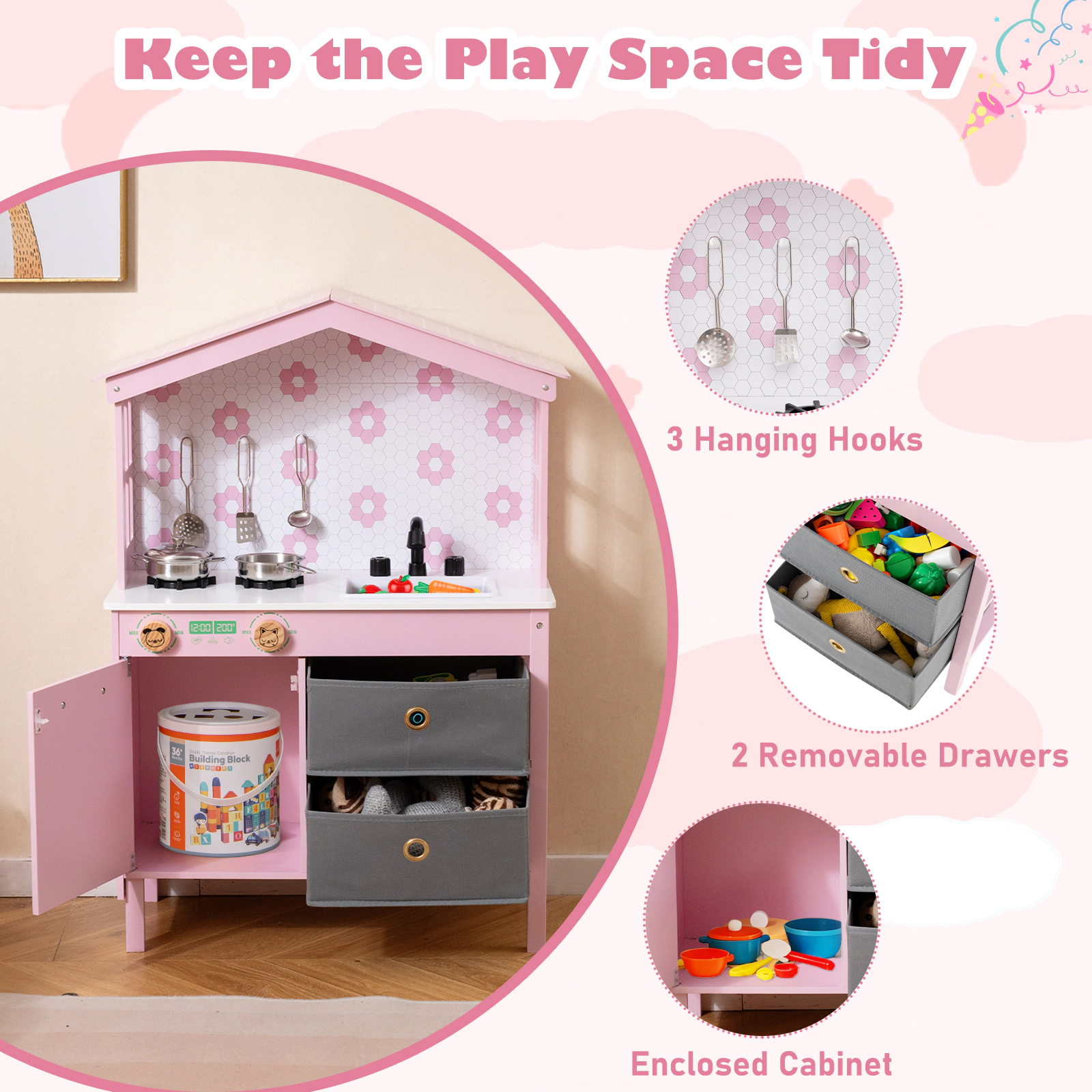 SUGIFT Kids Play Kitchen Toy Playset with 2 Stoves and Rotation Handles 35-in Tall Ages 3-6 Pink/White Wooden Set