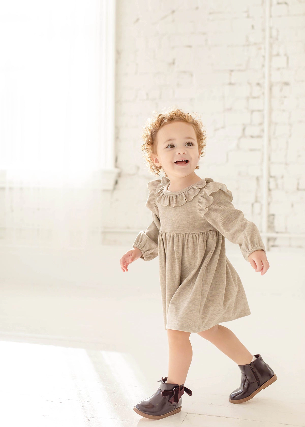 Mabel and Honey Cinnamon Oatmeal Ribbed Knit Dress for Girls - Ruffle Collar, Keyhole Back