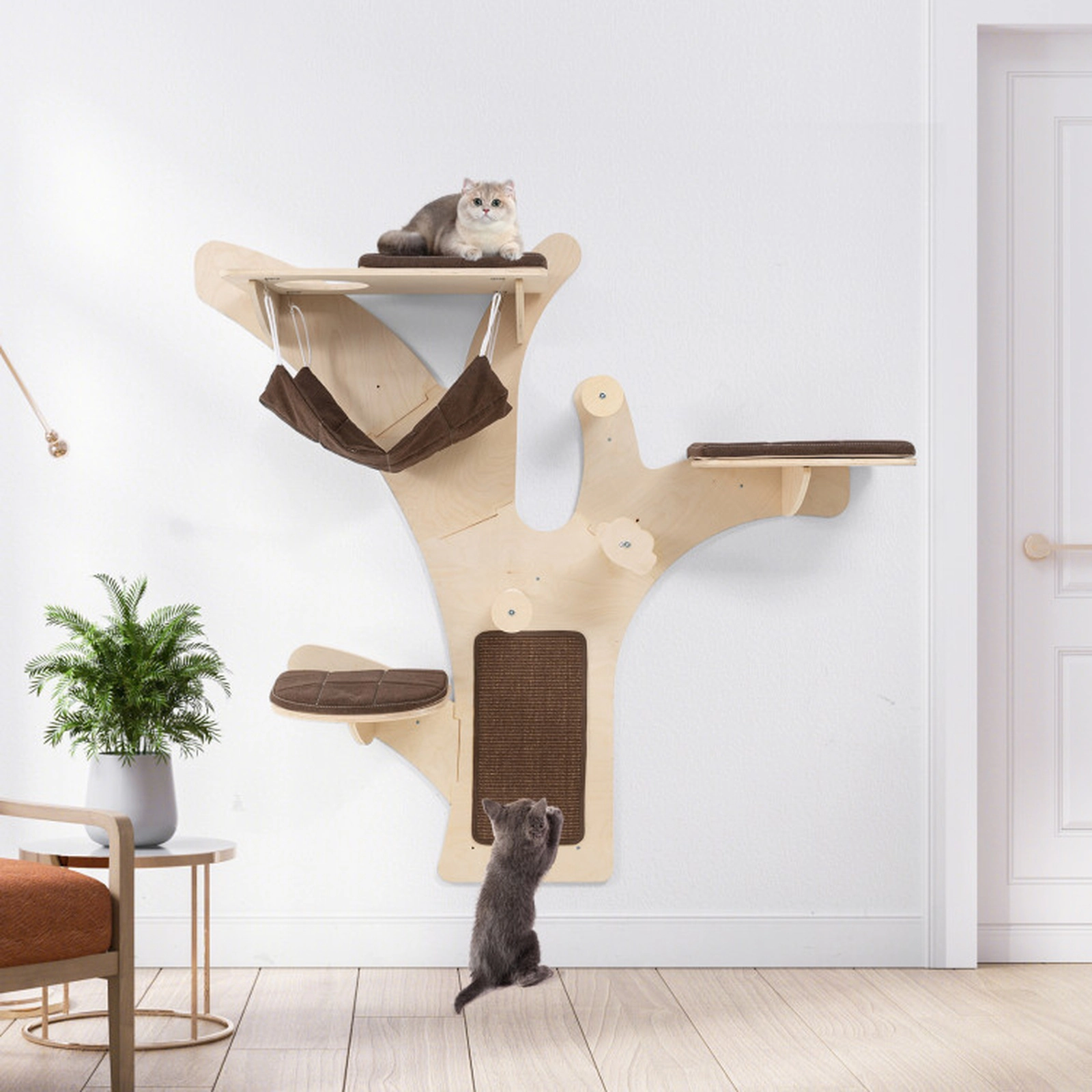 SUGIFT Wall-Mounted Plywood Cat Tower with Hammock, Perches and Scratching Mat 33-lb Capacity Natural+Brown