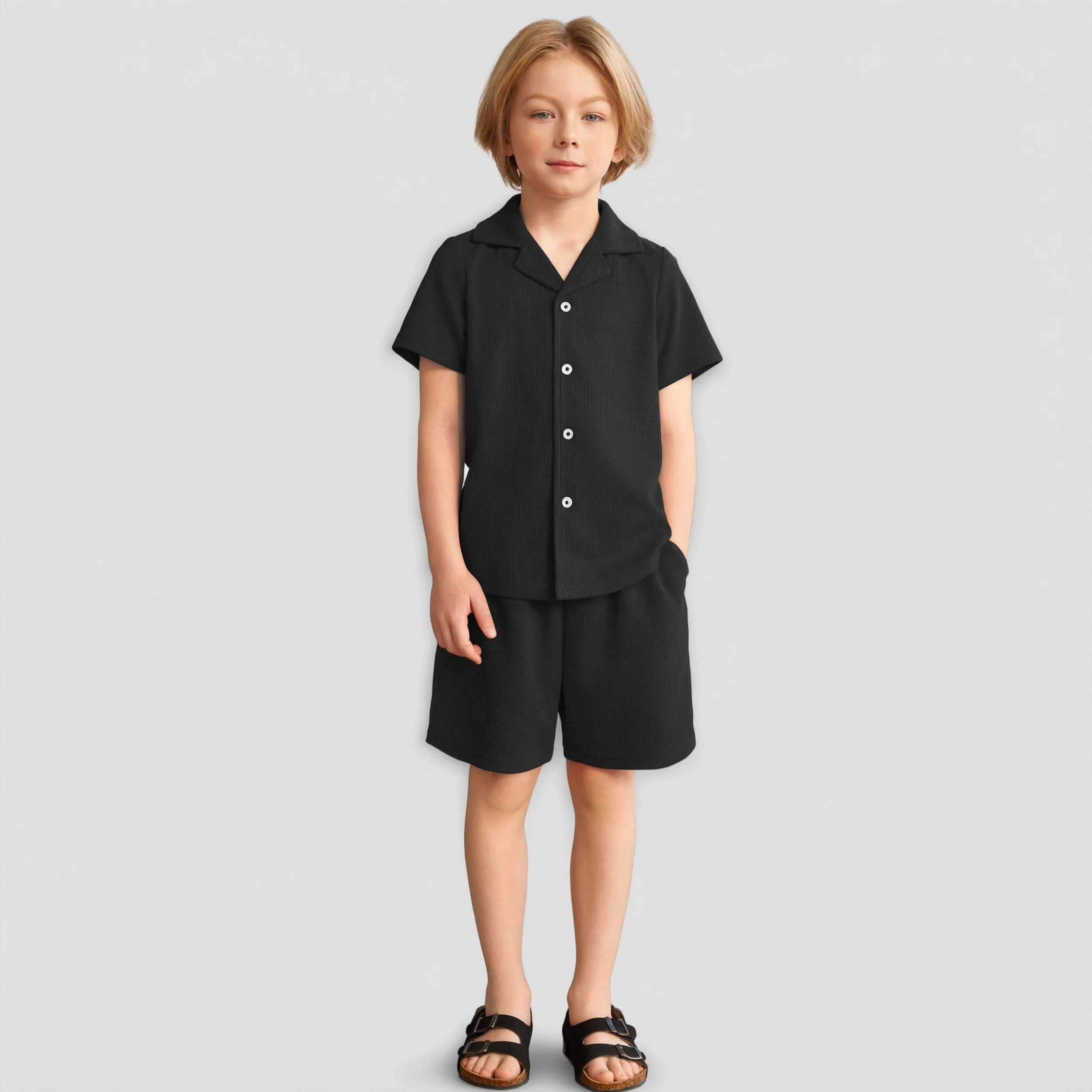 Arshiner Toddler Boys 2 Piece Waffle Knit Set Short Sleeve Button Down Shirt & Shorts