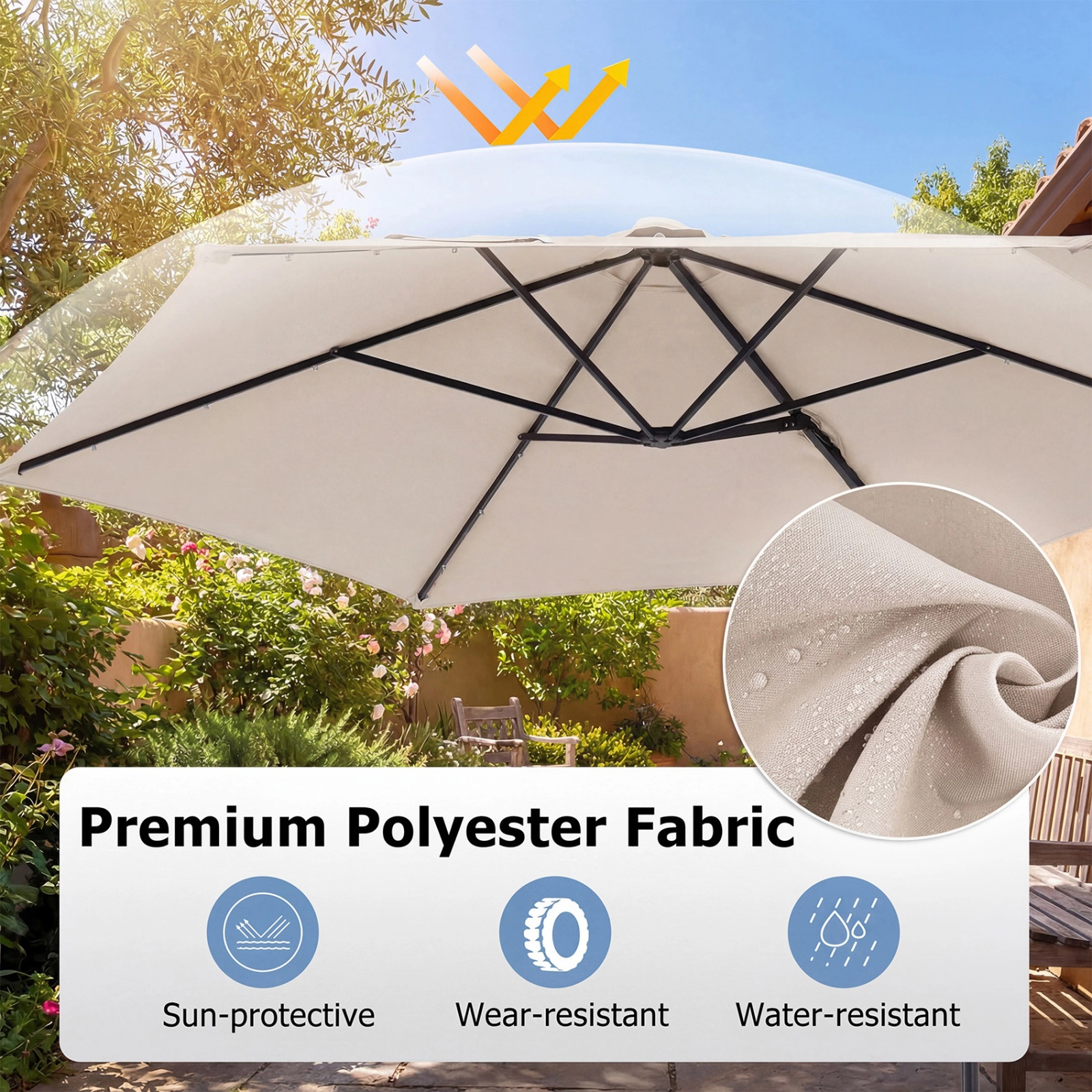 SUGIFT 10-ft 360° Swivel Cantilever Patio Umbrella with Solar LED Lights and Manual Lift Beige