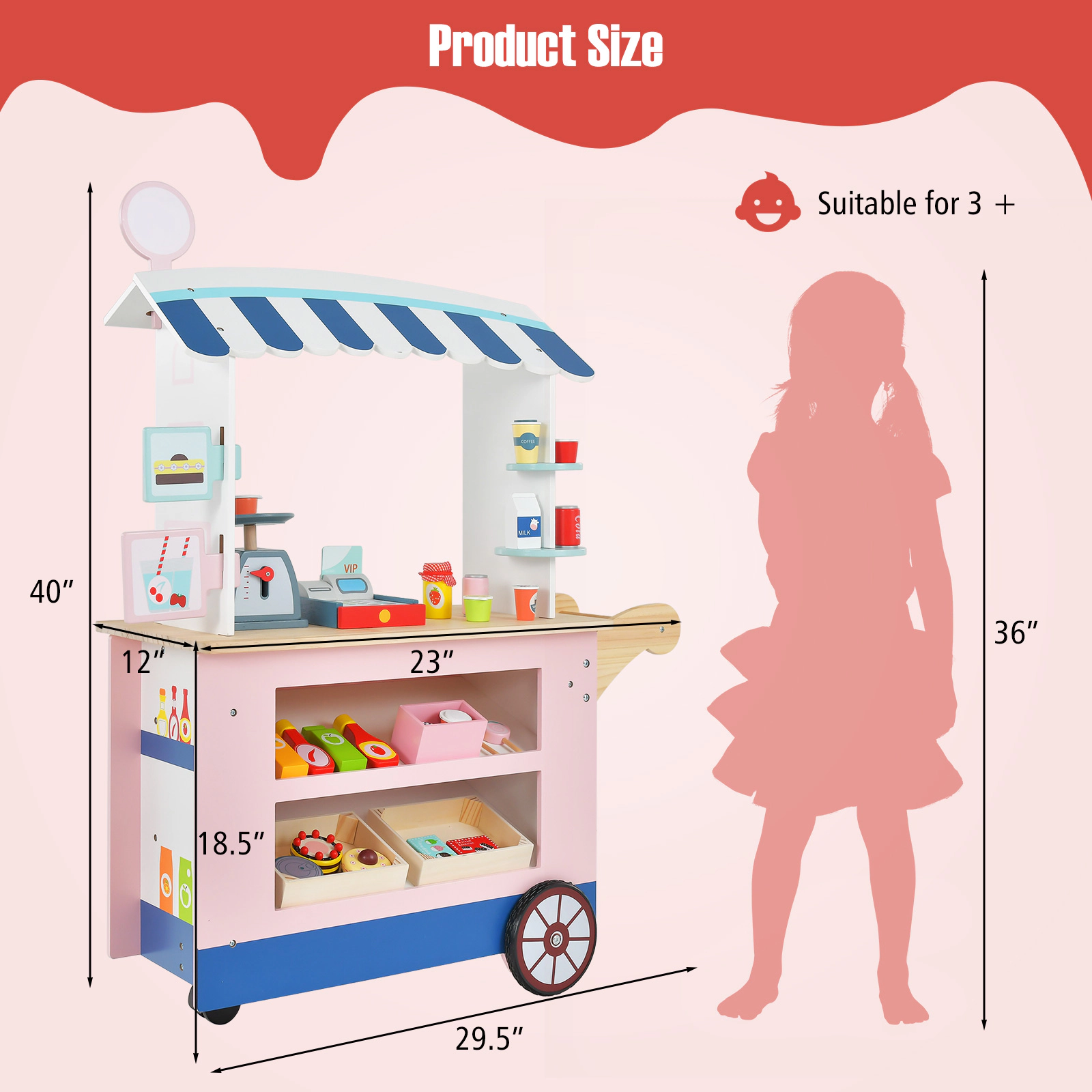 Wooden Toy Market Cart POS Machine Scale Canopy 30-pc Accessories 29.5-in Kids Grocery Store Stand on Wheels Ages 3+