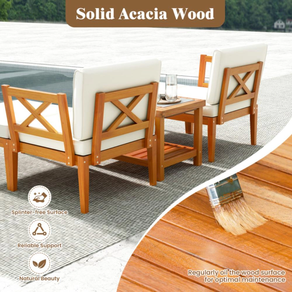 Hivvago 5 Pieces Acacia Wood Patio Chaise Lounge Chair Set With Ottoman And Cushions-White