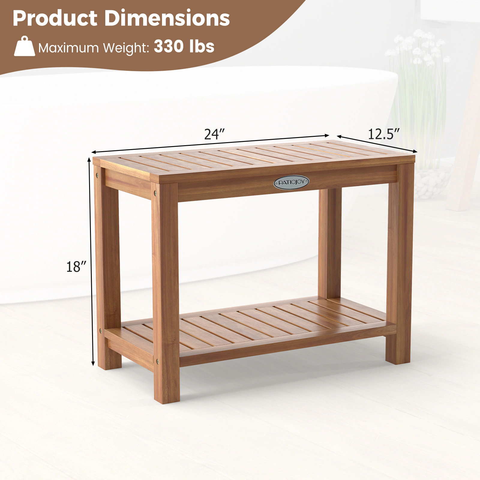 SUGIFT 24-in 330-lb Capacity 2-Tier Natural Teak Wood Shower Bench Stool with Slatted Seat and Storage Shelf