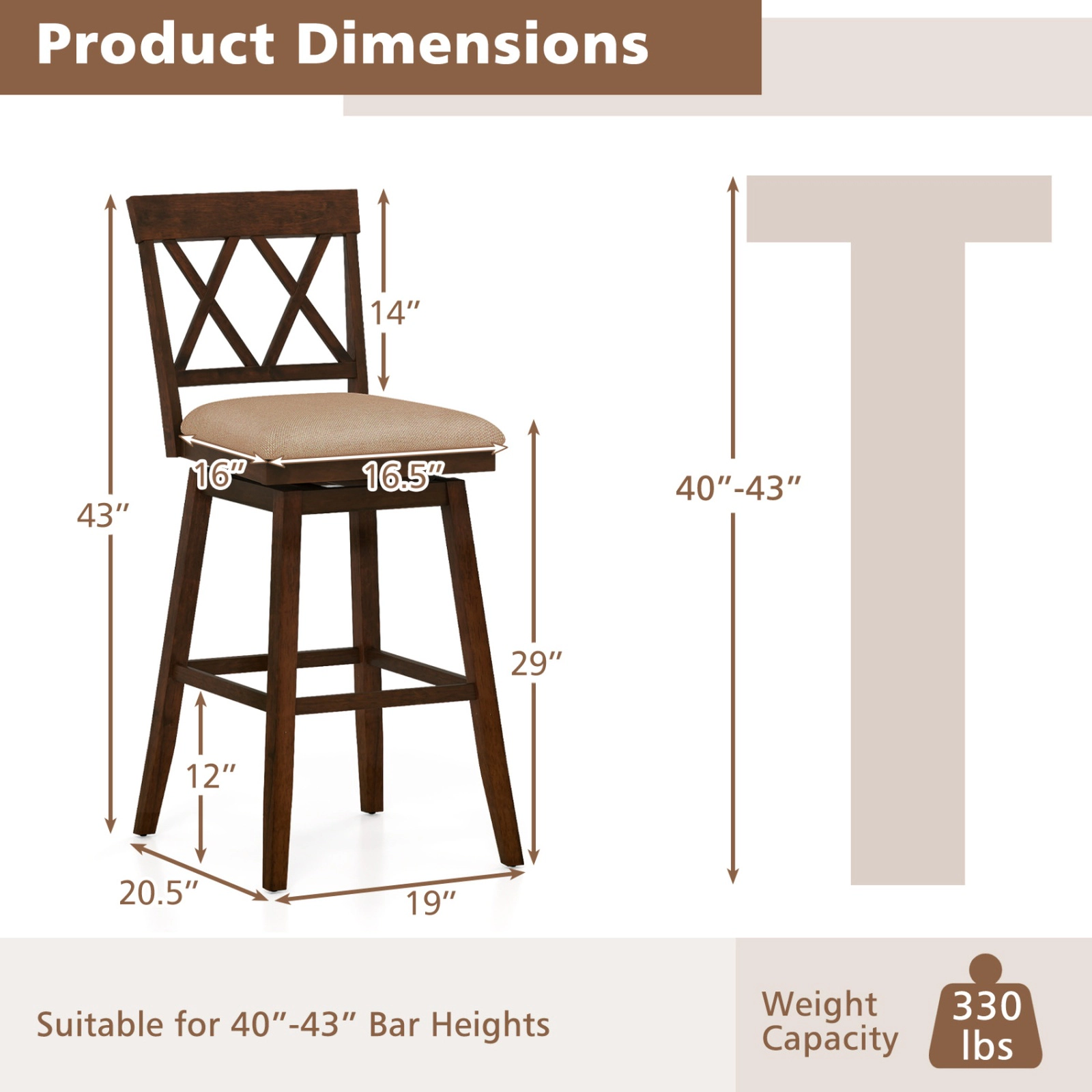 SUGIFT 24-In Counter Height Swivel Bar Stools Set of 4 with Backrest and Upholstered Seat 330-lb Capacity Oak/White