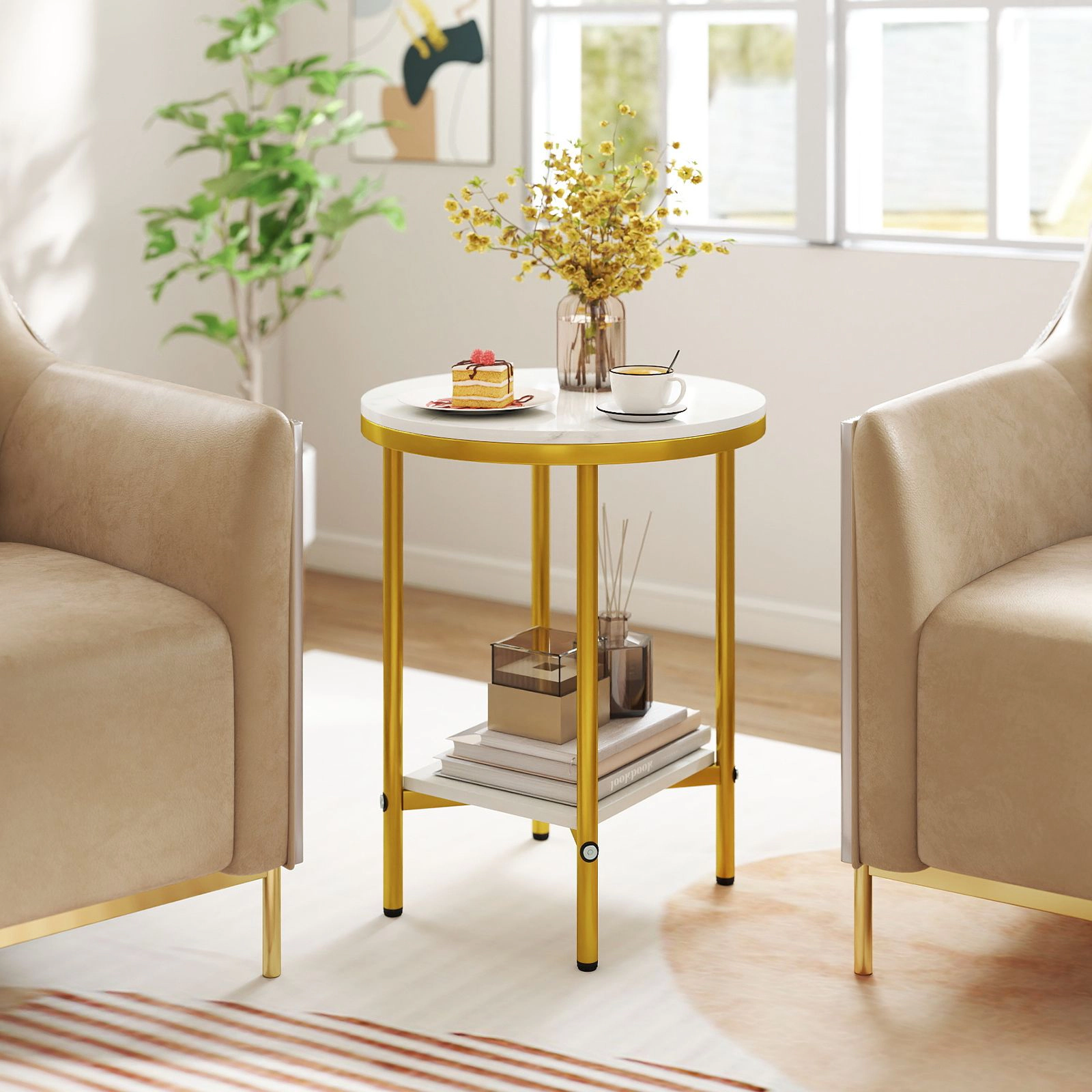 SlickBlue 2 Tier Round Side Table with Marble Top for Living Room