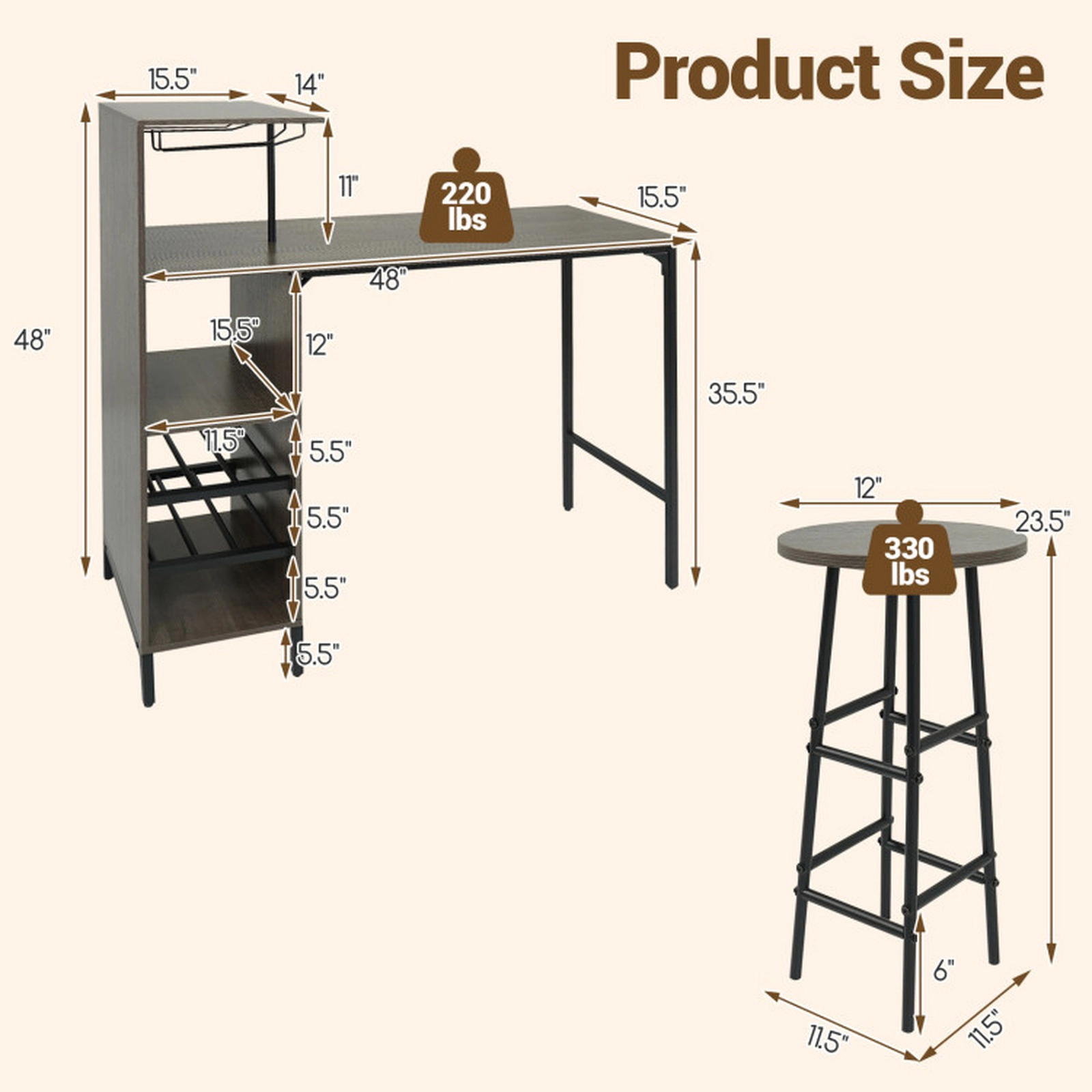 SUGIFT 3 Piece Bar Table and Chairs Set with 6-Bottle Wine Rack 400-lb Table Capacity Brown Oak Rustic Brown