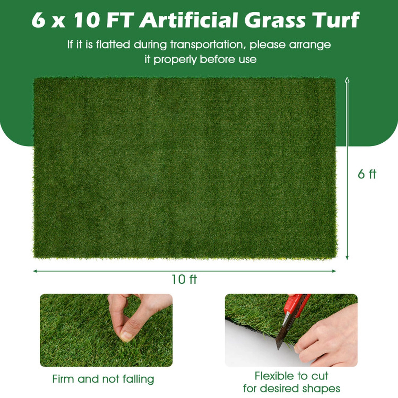 SUGIFT 6-ft x 10-ft 2-in Pile Indoor Outdoor Synthetic Turf Mat with 4-Layer Backing and Drainage Holes