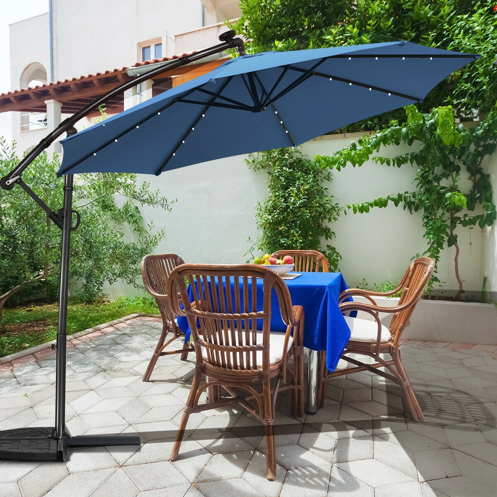 SUGIFT 10-ft Blue Solar LED Offset Patio Umbrella with 360-Degree Rotation 8 Ribs and 32 Lights 7.5-ft H