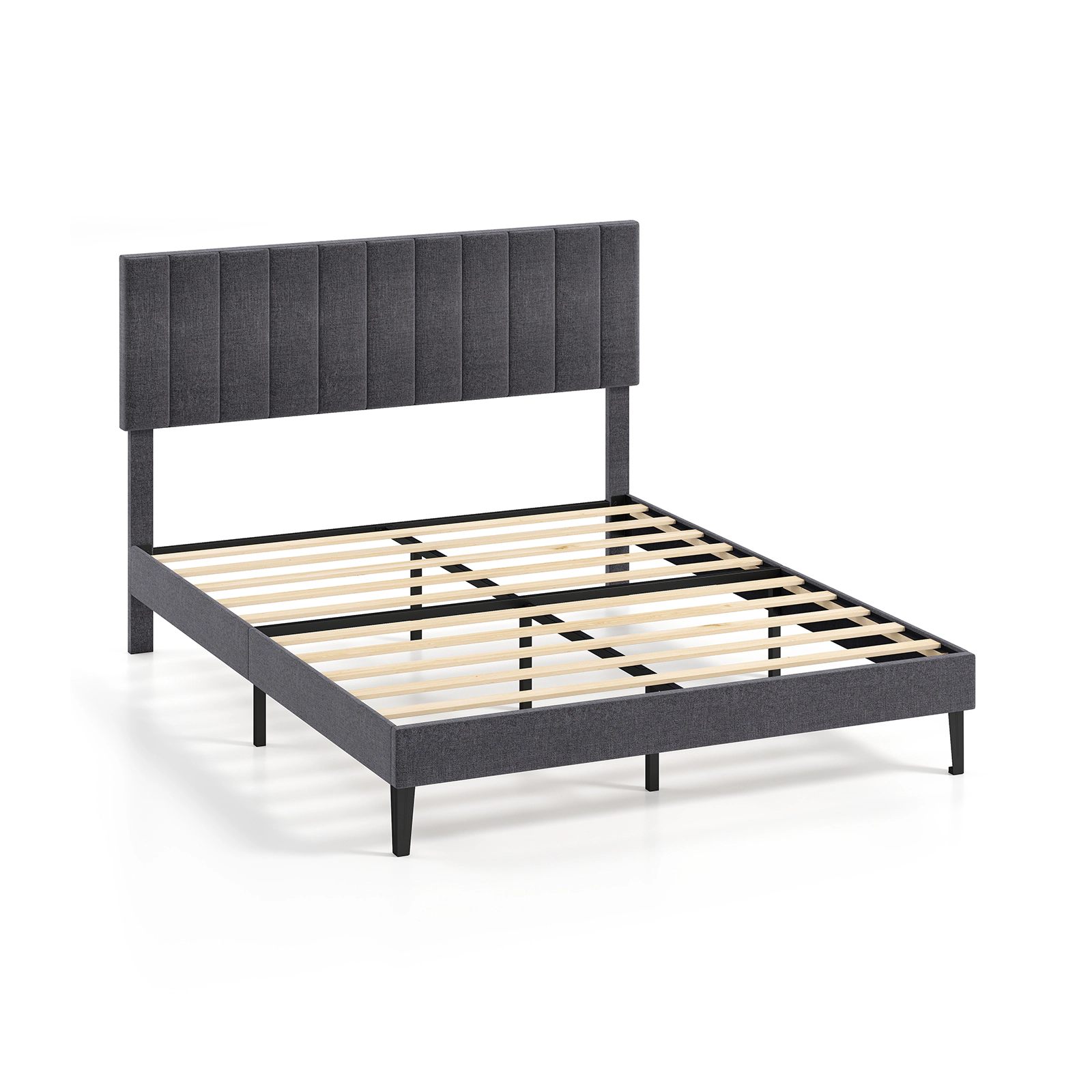 SUGIFT Gray Vertical Channel Headboard Queen Size Velvet Upholstered Platform Bed