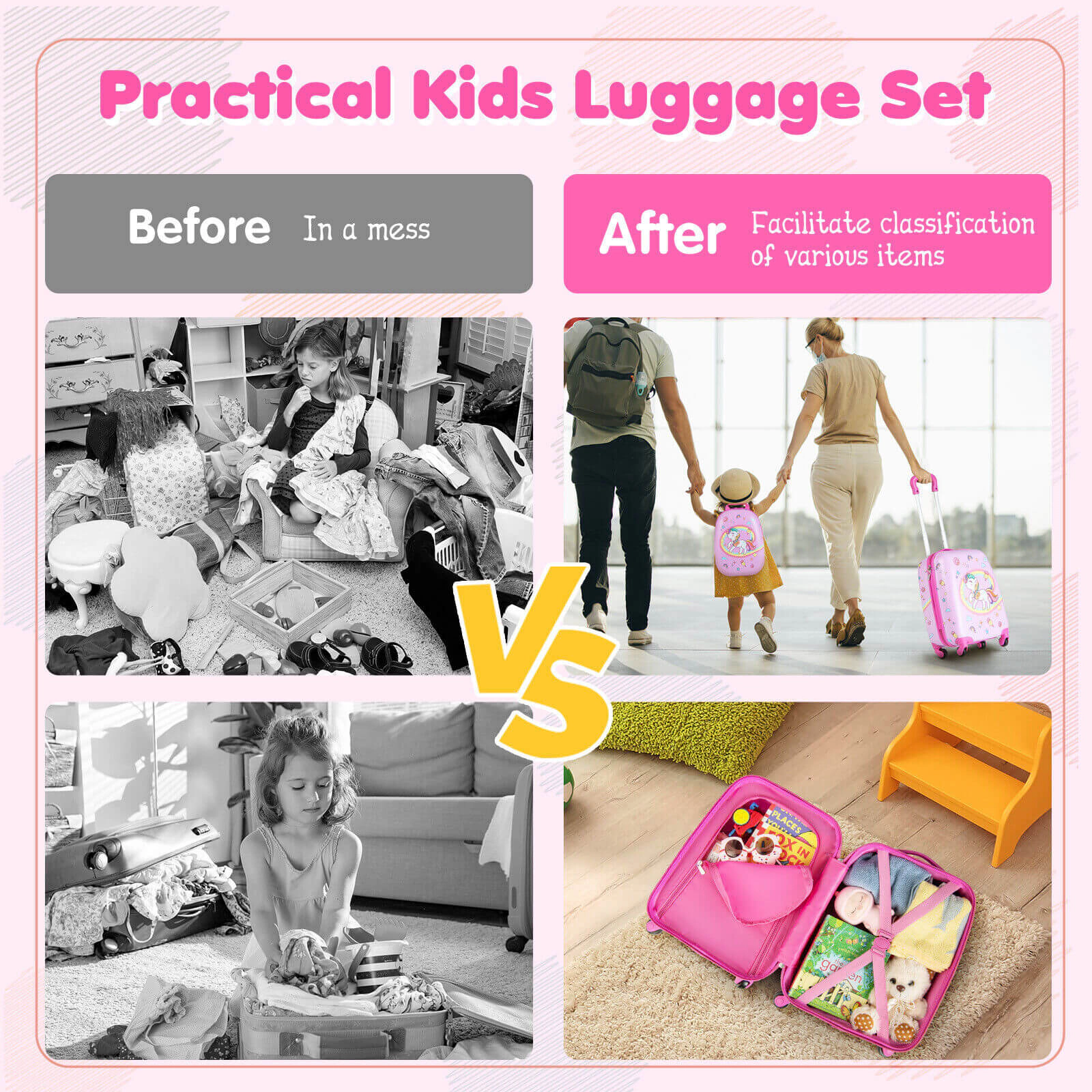 SUGIFT Kids Carry-on Hardside Luggage with 12.5-in Suitcase and 13-in Backpack Pink