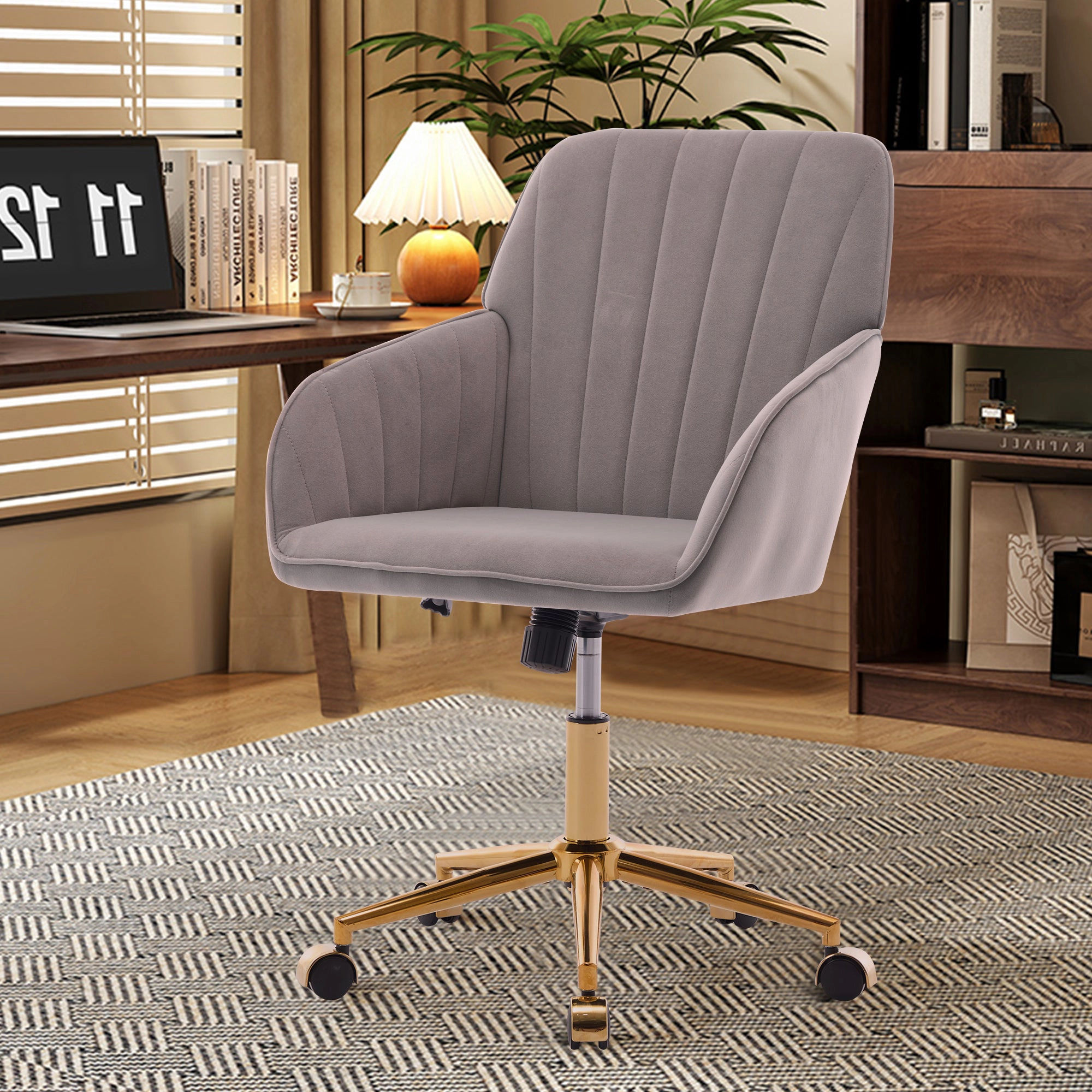 Platinum-Level Office Chairs TY Adjustable Velvet Office Chair, Gray, Gold Base Swivel