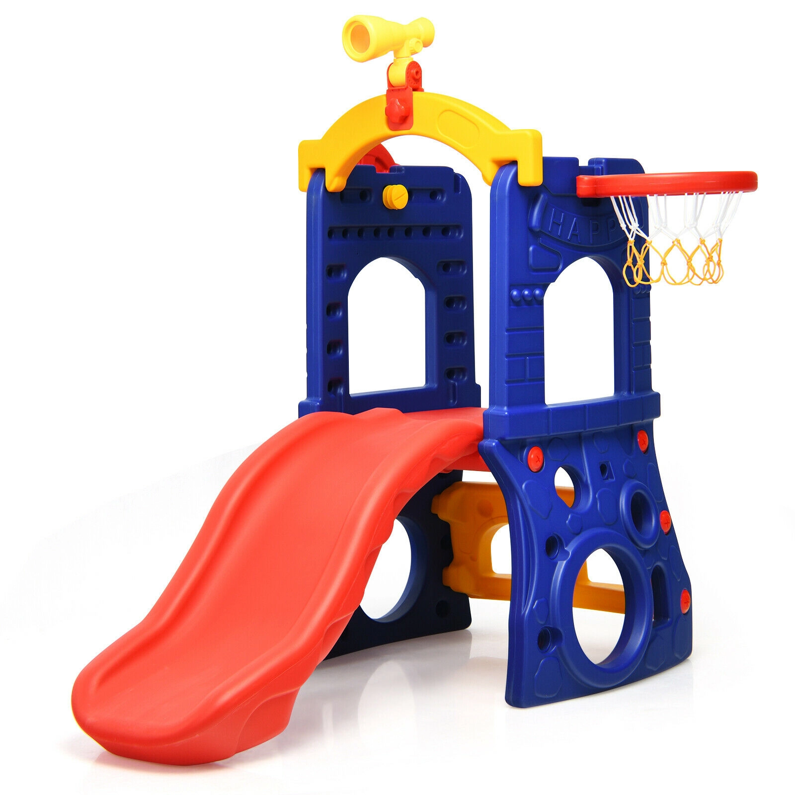 LJG 6-in-1 Freestanding Kids Slide with Basketball Hoop and Ring Toss